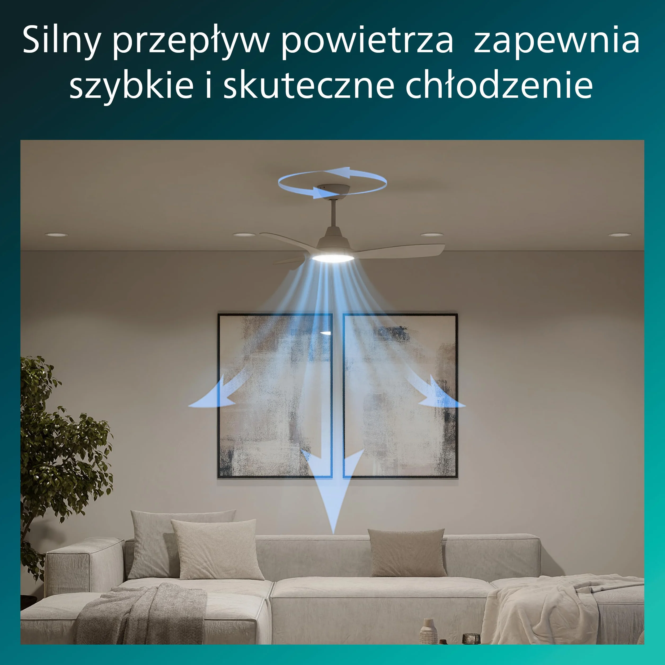 Wentylator Sufitowy Philips Olas LED Ze Stałym Łopatkami, 3 Łopatki, Średnica 107 cm, 2650 Lumenów, Regulowana Barwa Bieli 3000–6500 K, Przyciemnianie do 5%, Pilot, Biały