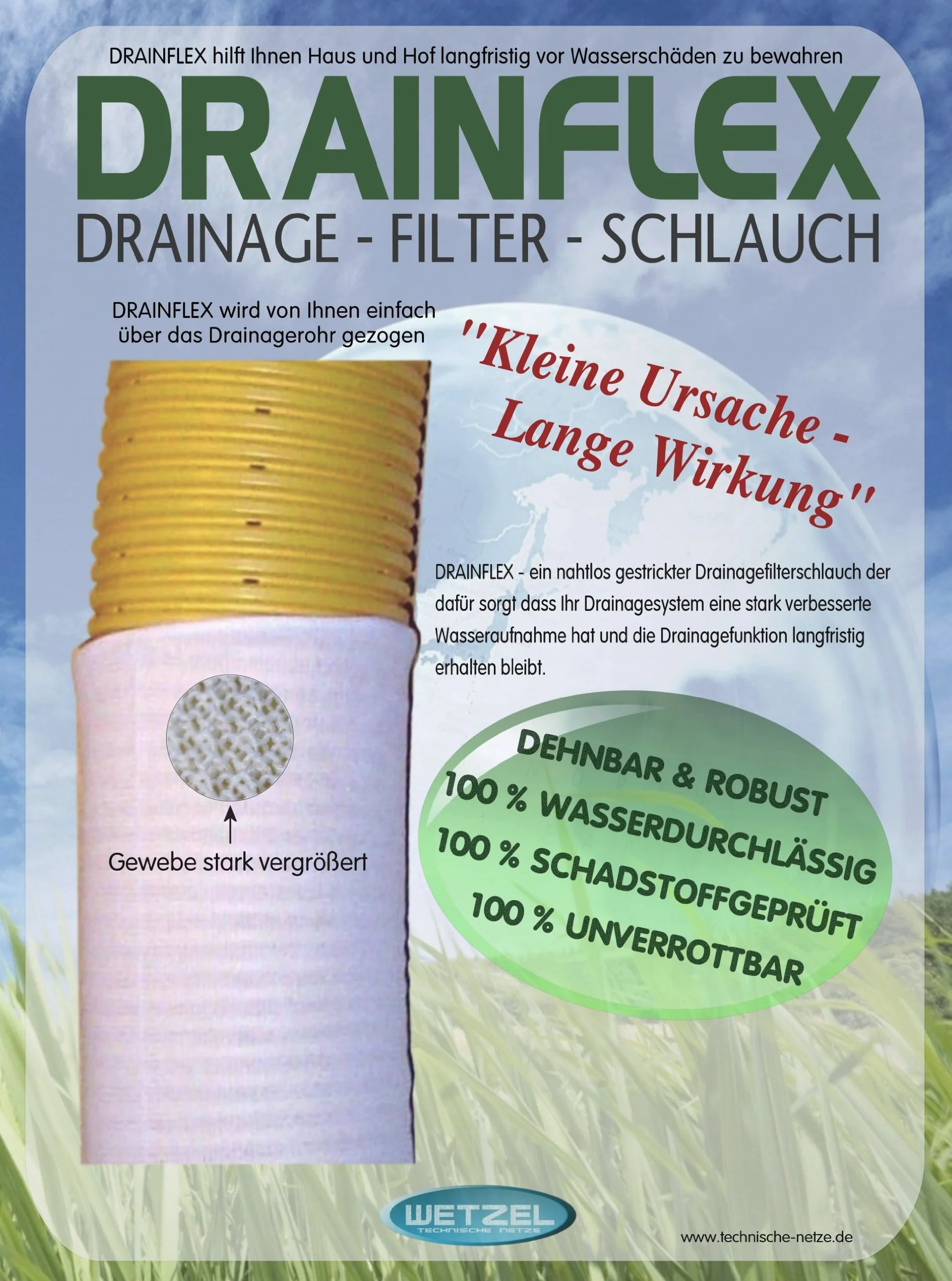 Wetzel 20 m filtr drenażowy włóknina drenażowa do rury drenażowej DN100 – długotrwała ochrona systemu drenażowego z włókniny, biały, naturalny, prosty