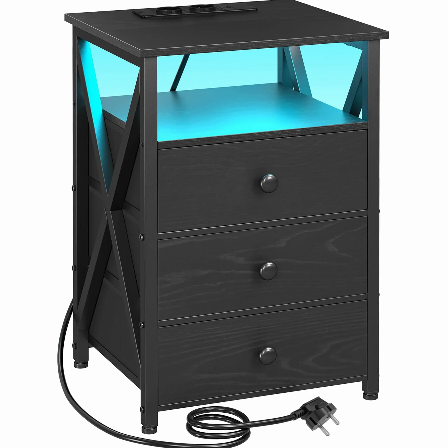 AMHANCIBLE Stolik nocny z LED, stolików nocnych z stacją ładującą, stolik boczny z 3 szufladami z materiału, szafka nocna z otwartą komorą, do salonu, sypialni, gabinetu, czarny HET053LBK-1