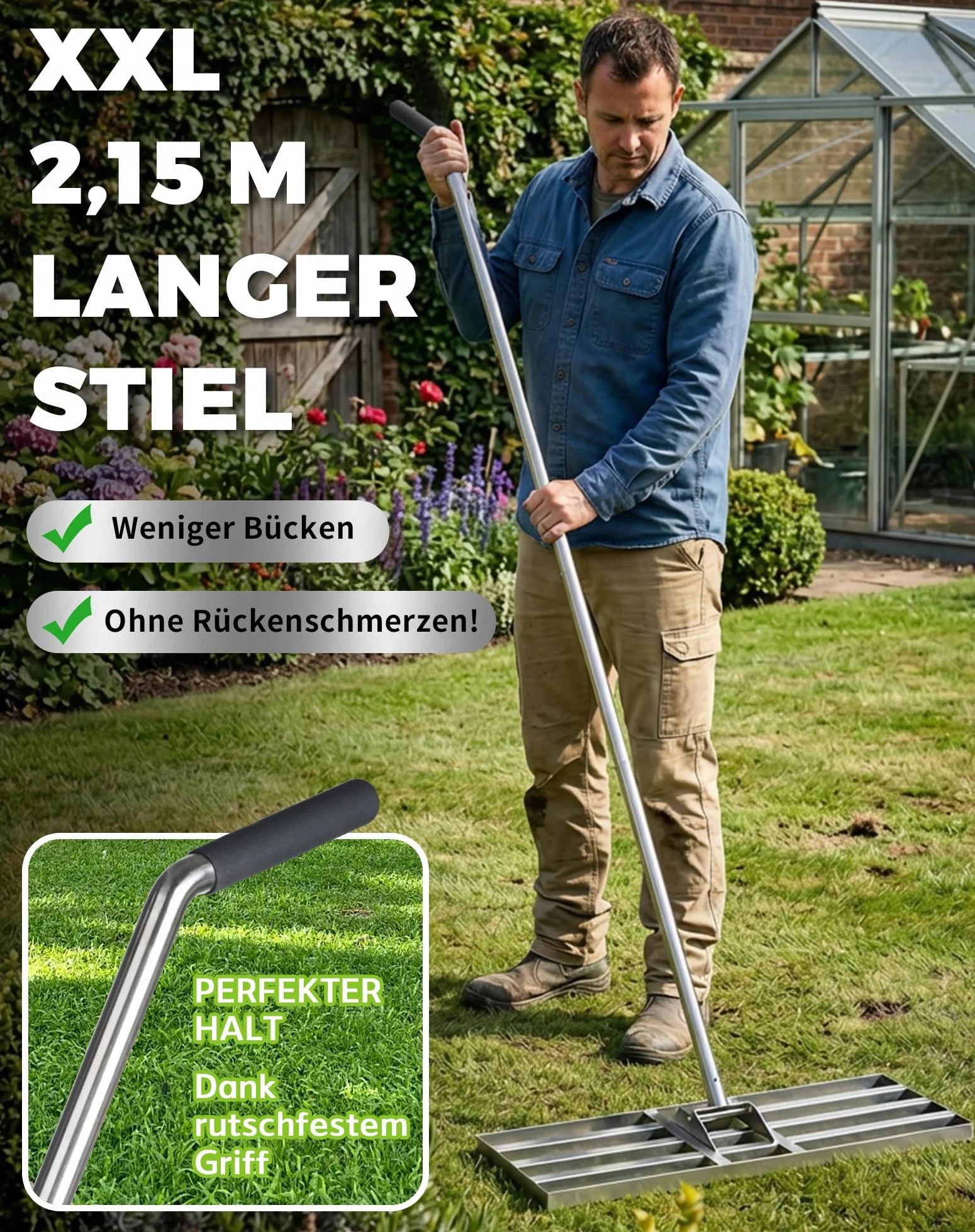 [80 x 30 cm] rakiel do trawy [215 cm] długi trzonek rakiel do niwelowania trawnika, grabie do trawy, ze stali nierdzewnej, do wyrównywania piasku, ziemi, z zaokrąglonymi krawędziami i systemem