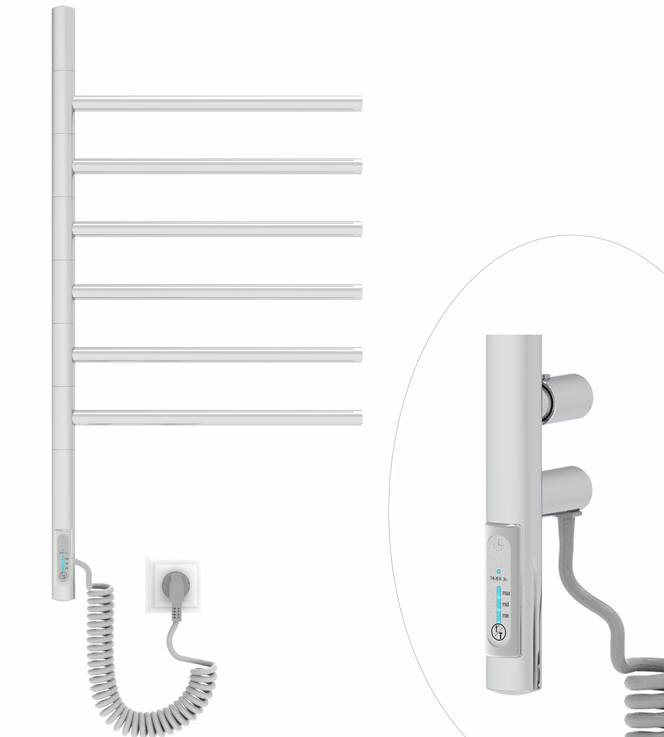 Elna grzejnik na ręczniki, srebrny, 76 x 40 cm – 65 W, elektryczna suszarka ze stali nierdzewnej z 6 ramionami obrotowymi, IP44, termostat i timer