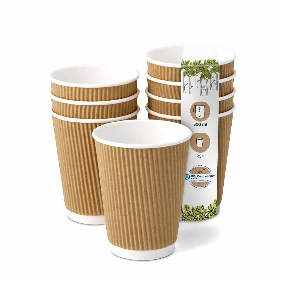 BIOZOYG 25 sztuk kubków do kawy, izolowane kubki papierowe 300 ml, Ø 90 mm, białe/brązowe, ryflowane, bez plastiku, zrównoważone materiały, jednorazowe kubki do grzanego wina