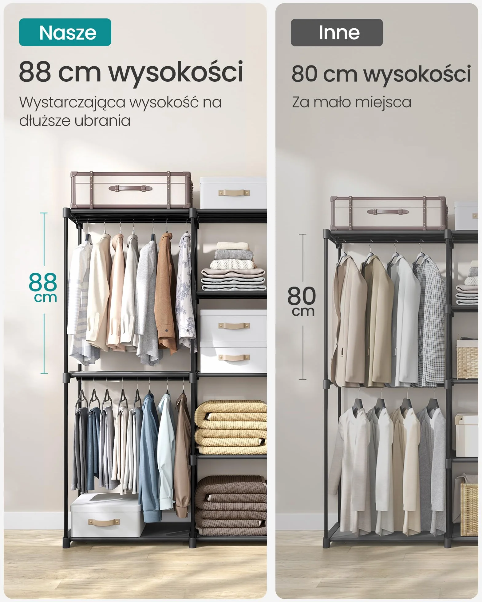SONGMICS Szafa na ubrania, przenośna szafa, otwarta szafa do przechowywania, wieszak na ubrania, 182 x 43 x 182 cm, 2 wiszące pręty i półki, do sypialni, salonu, pralni, czarny atrament RYG037B02