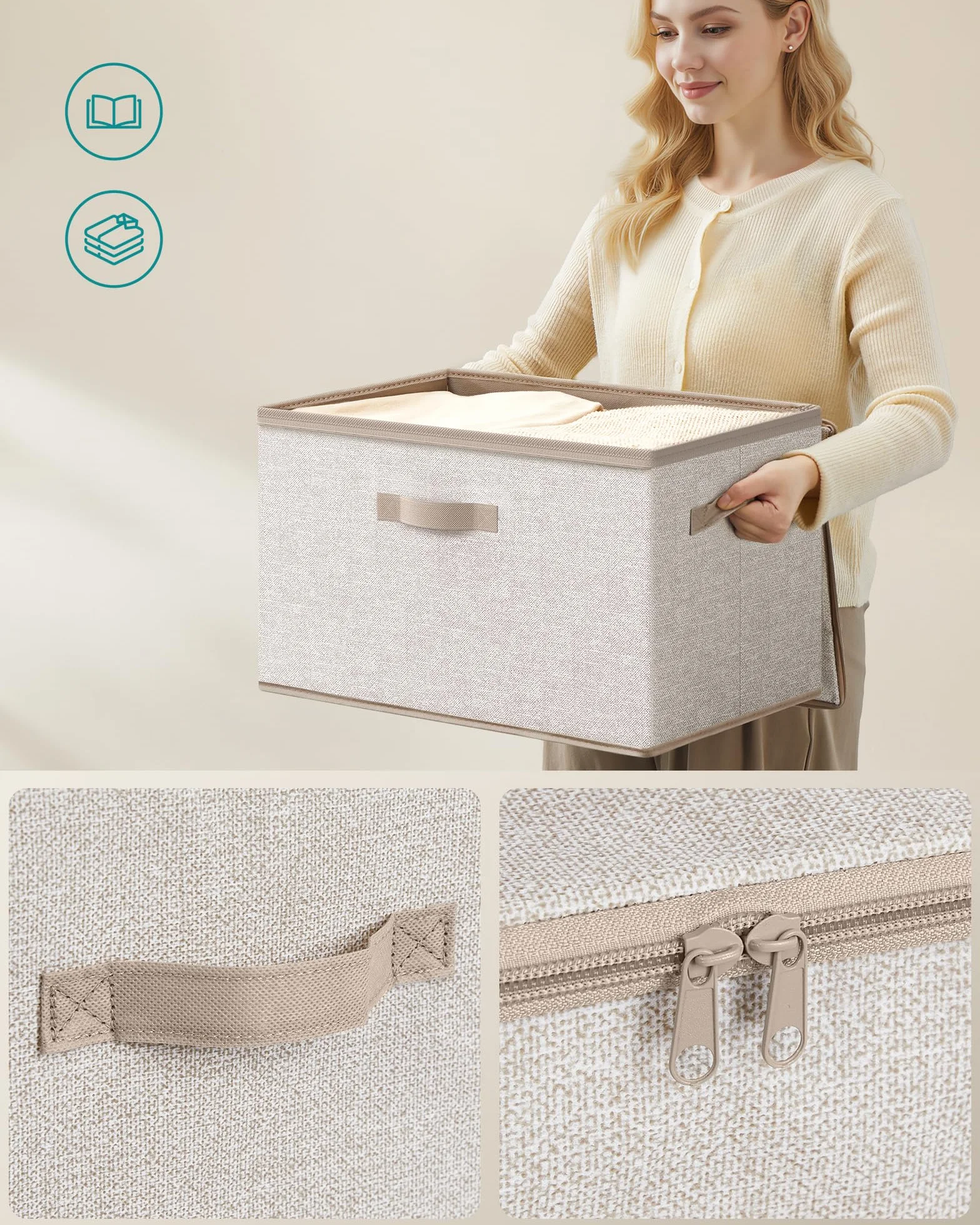 SONGMICS Pudełko do przechowywania z pokrywką, składane pudełko z materiału z uchwytami, pudełko do przechowywania ubrań, materiał włókninowy, 3 sztuk, 50 x 30 x 30 cm, piaskowo-beżowy RZB050LZ04