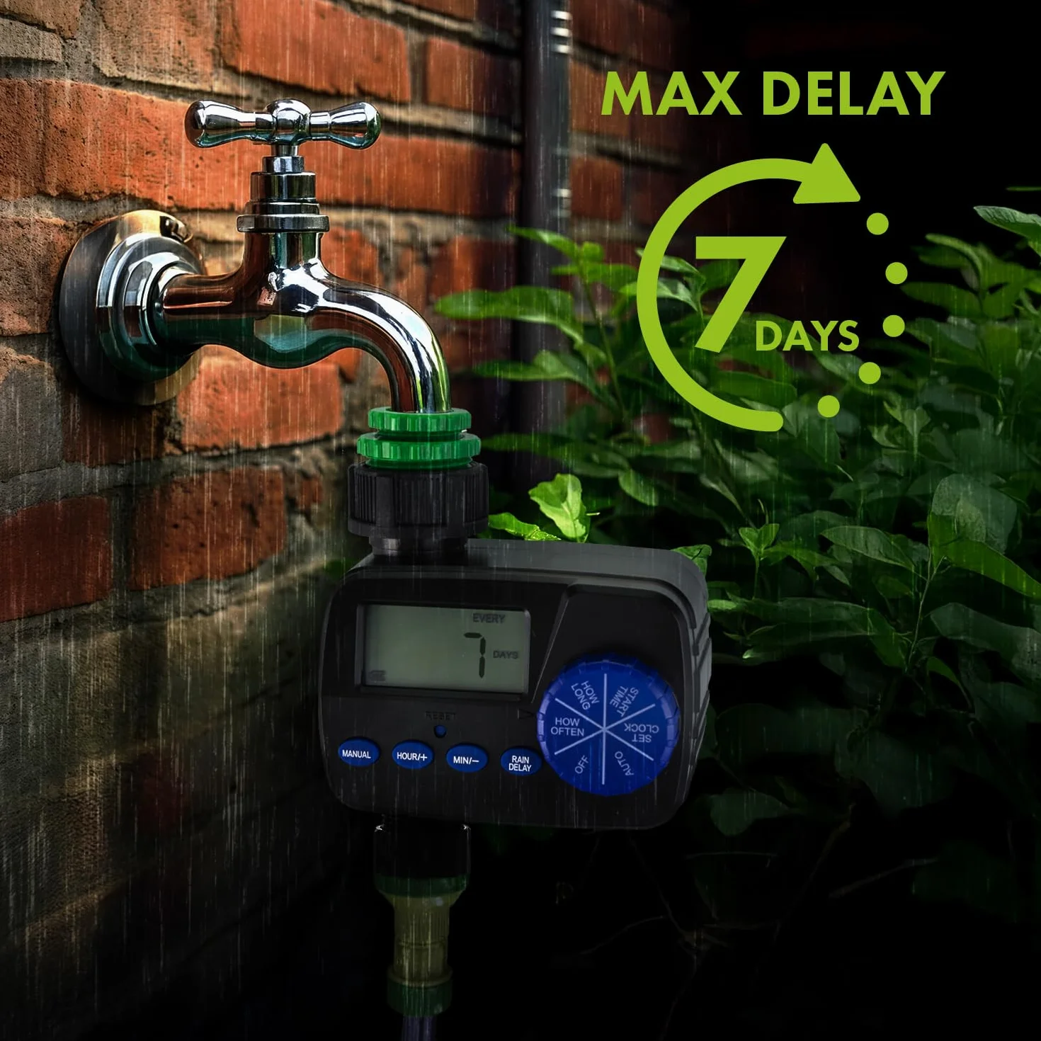 Green Blue Sterowanie nawadnianiem | Elektroniczny regulator nawadniania z ochroną IP55 | Automatyczny timer nawadniania ogrodu z wyświetlaczem i funkcją ręcznego uruchamiania