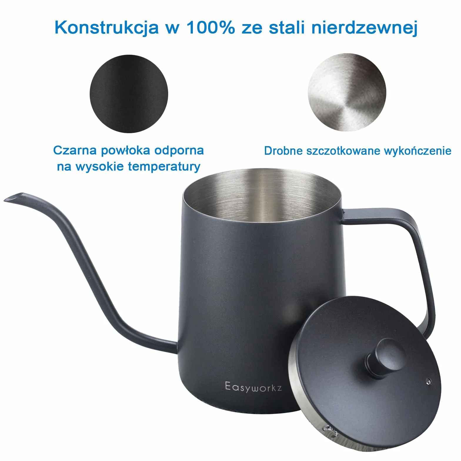 Easyworkz Czajnik przelewowy Dzbanek do kawy ze stali nierdzewnej z gęsią szyją i wąską wylewką 350 ml (czarny)
