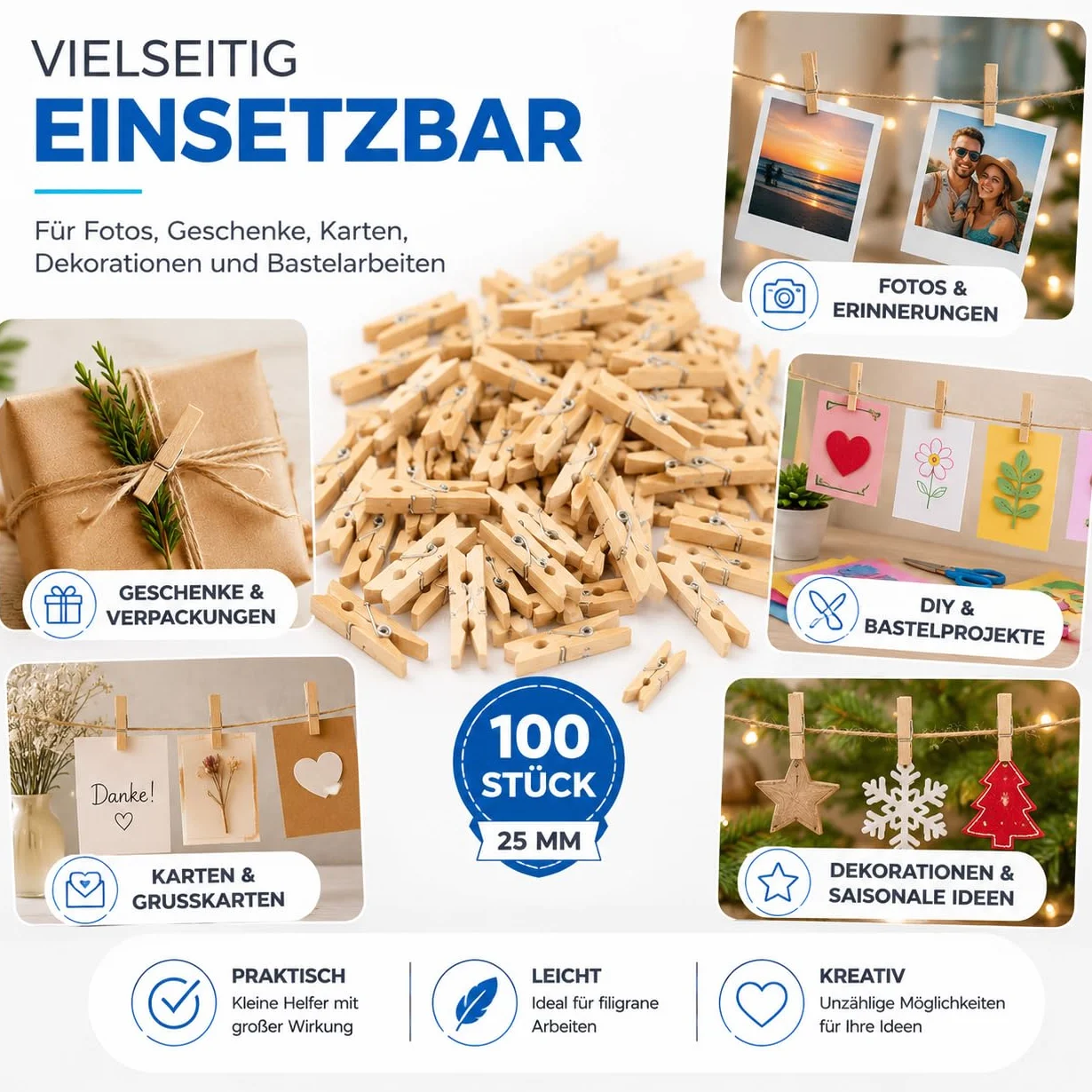 TK Gruppe Timo Klingler 100 x mini klamerki 25 mm, klamerki ozdobne do torebek na prezenty i zdjęć, mini spinacze do bielizny, spinacze z prawdziwego drewna