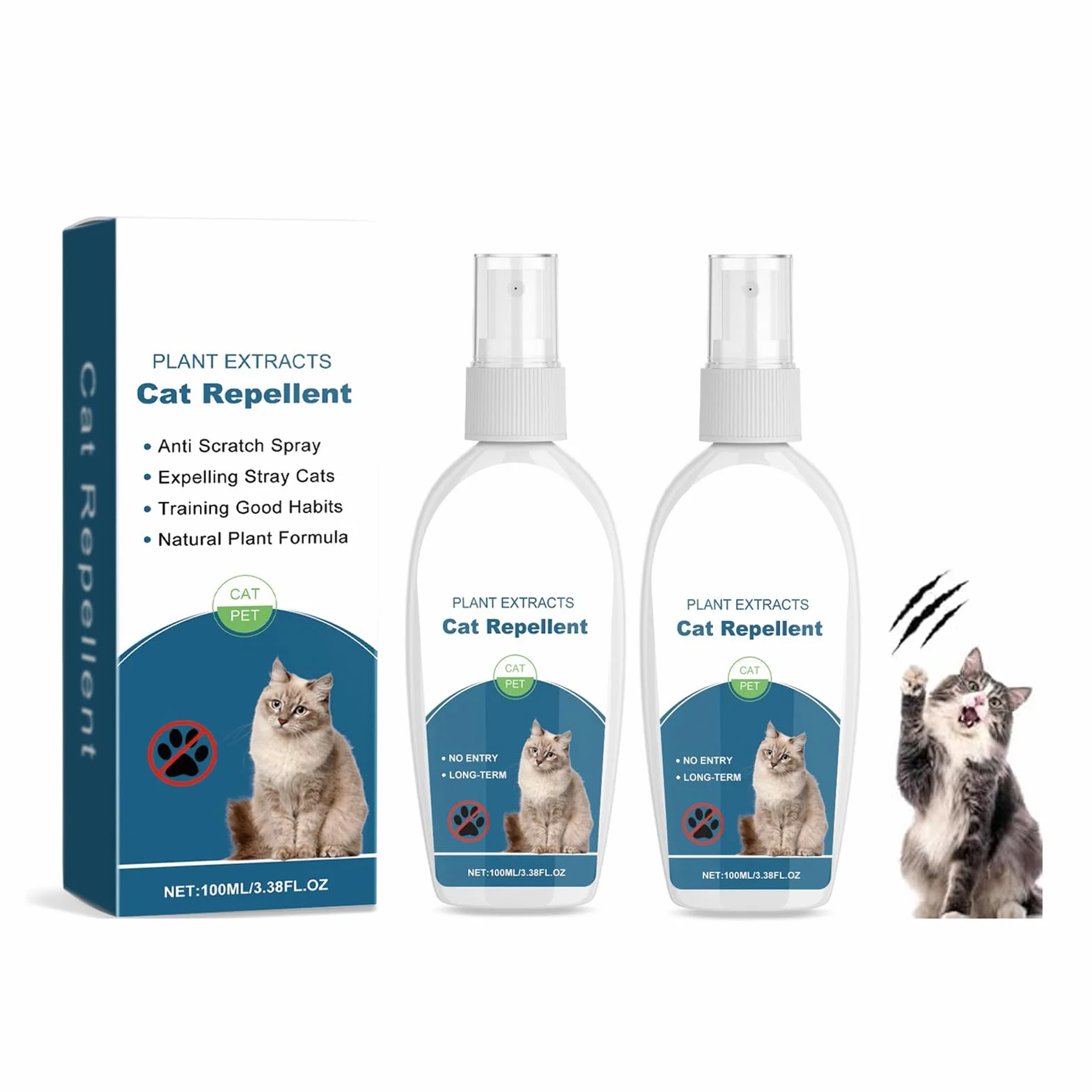 Spray do odstraszania kotów, 100 ml, środek odstraszający koty do użytku wewnątrz i na zewnątrz, spray przeciw zarysowaniom, naturalne składniki, oddawanie moczu i zarysowania, na dywany