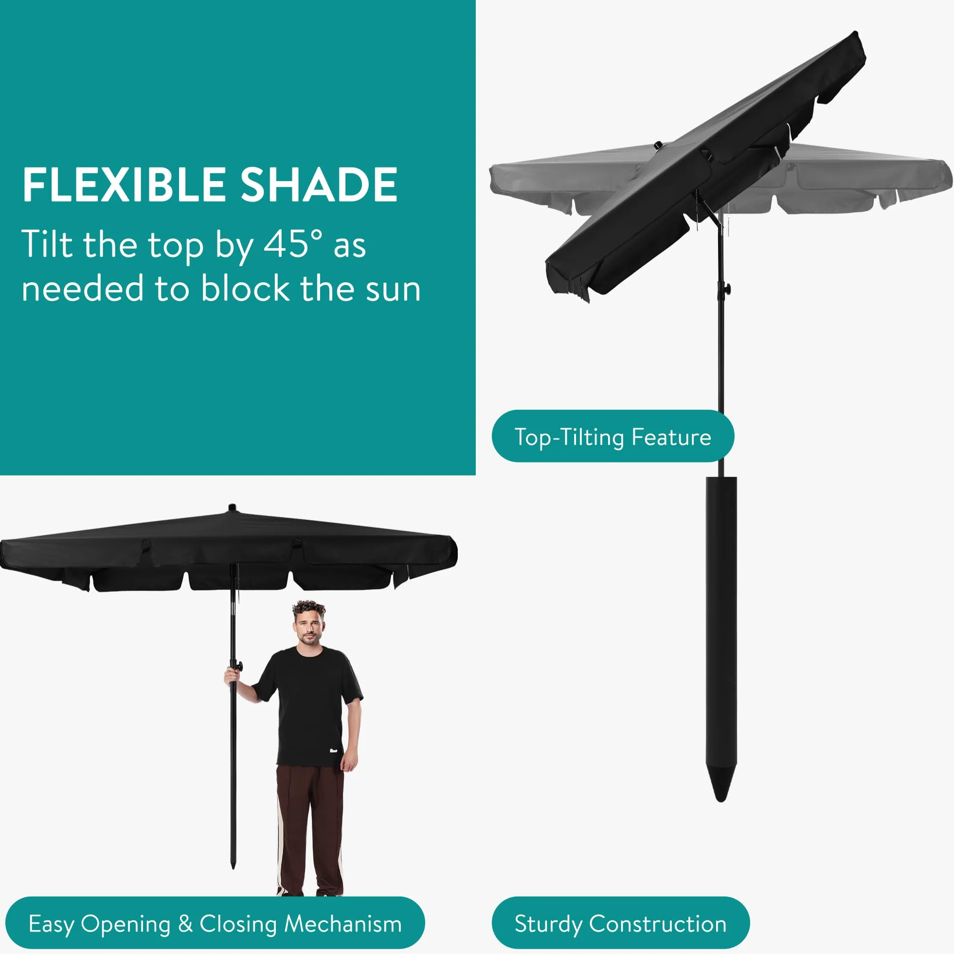 JEMIDI Parasol przeciwsłoneczny na balkon, parasol ogrodowy z ochroną UV 50+, odporny na wiatr, parasol plażowy, regulacja wysokości i nachylenia, 200 x 125 cm, beżowy