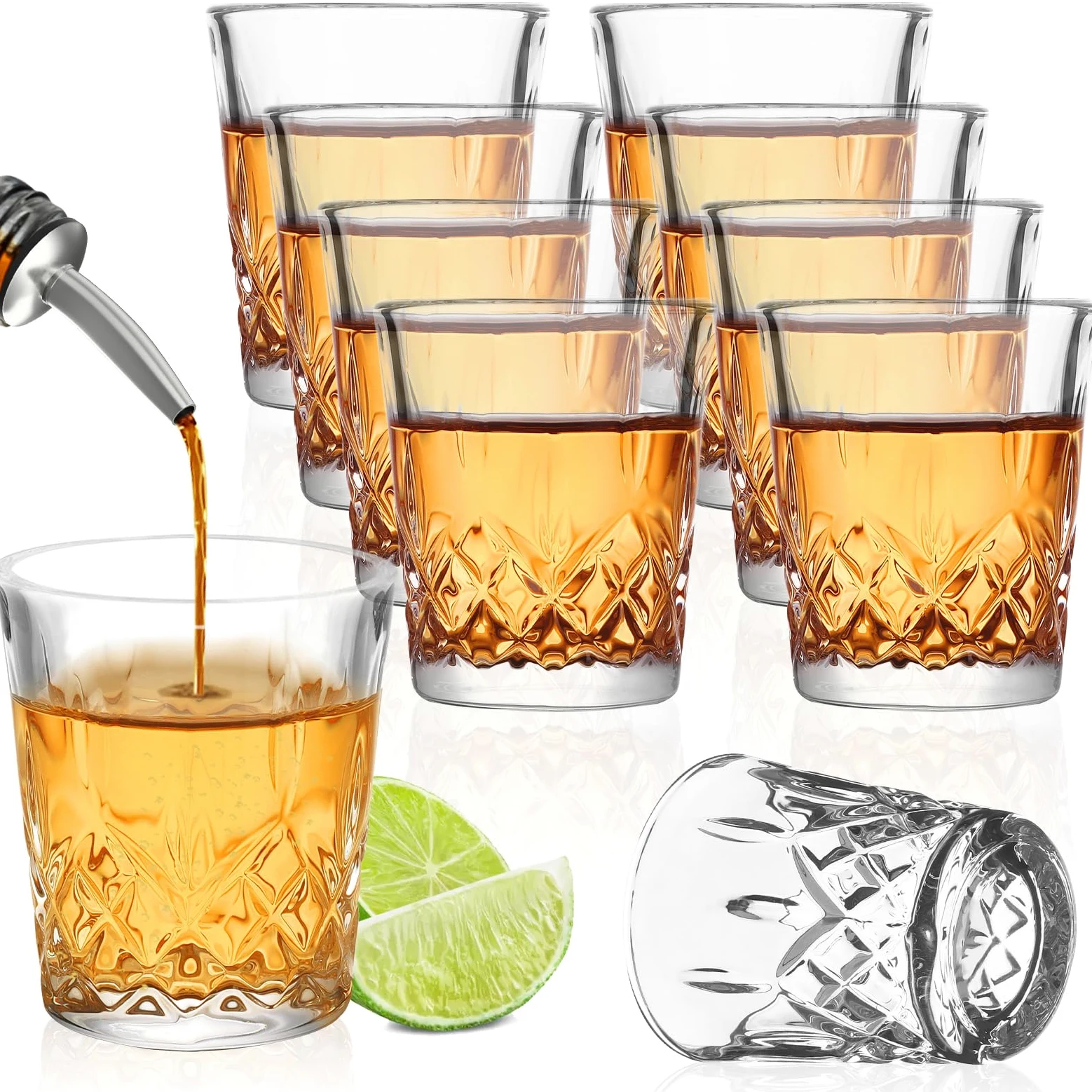 8 kieliszków do shotów wykonanych ze szkła kryształowego o pojemności 5.5cl - Możliwość mycia w zmywarce - Stabilność dzięki grubej podstawie