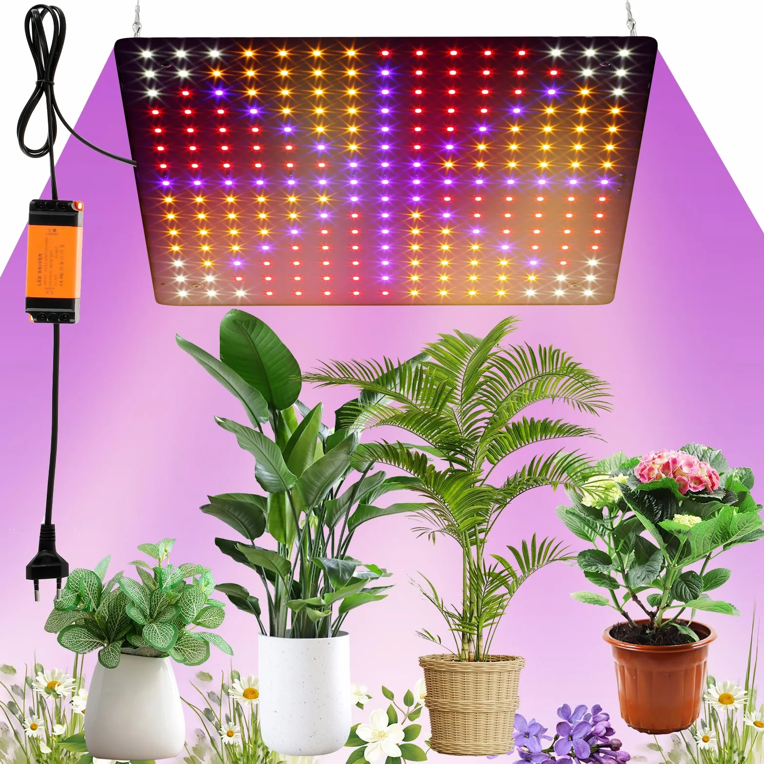 Lampa LED do uprawy roślin, pełne spektrum, 225 diod LED, 1000 W, wisząca lampa do roślin, 4 haczyki, lampa do uprawy roślin, warzyw, kwiatów (czerwona + niebieska + biała + pomarańczowa)