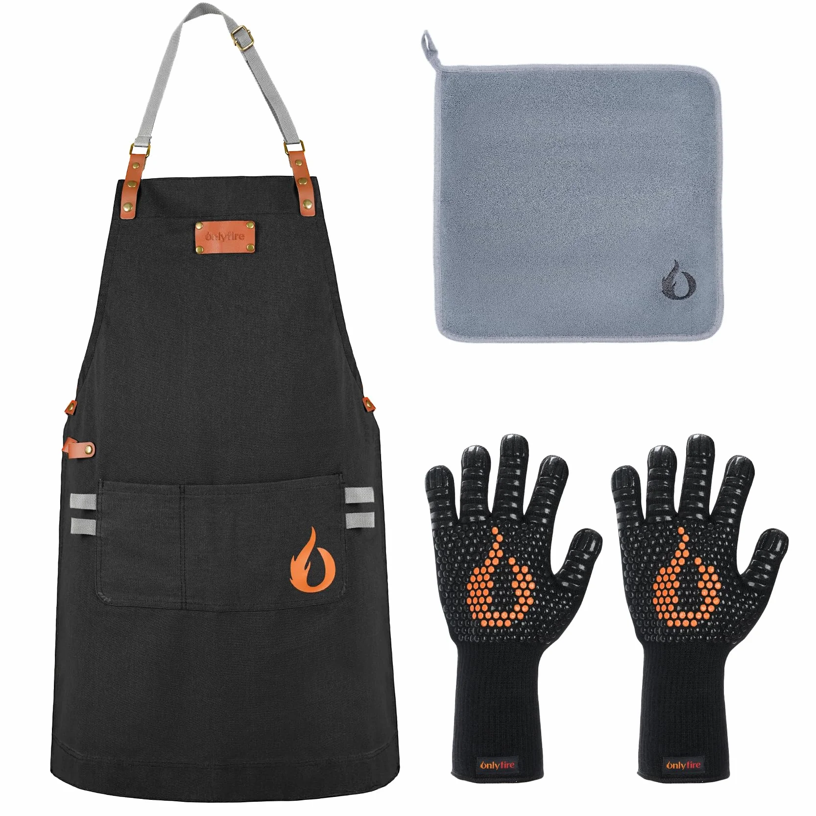 onlyfire 3-częściowy zestaw przyborów do grillowania, zawiera regulowany fartuch do grillowania z 2 kieszeniami, rękawice do grillowania odporne na wysoką temperaturę i ściereczkę z mikrofibry