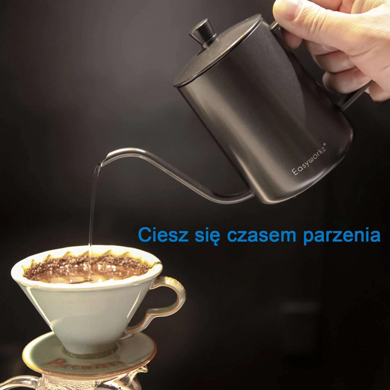 Easyworkz Czajnik przelewowy Dzbanek do kawy ze stali nierdzewnej z gęsią szyją i wąską wylewką 350 ml (czarny)