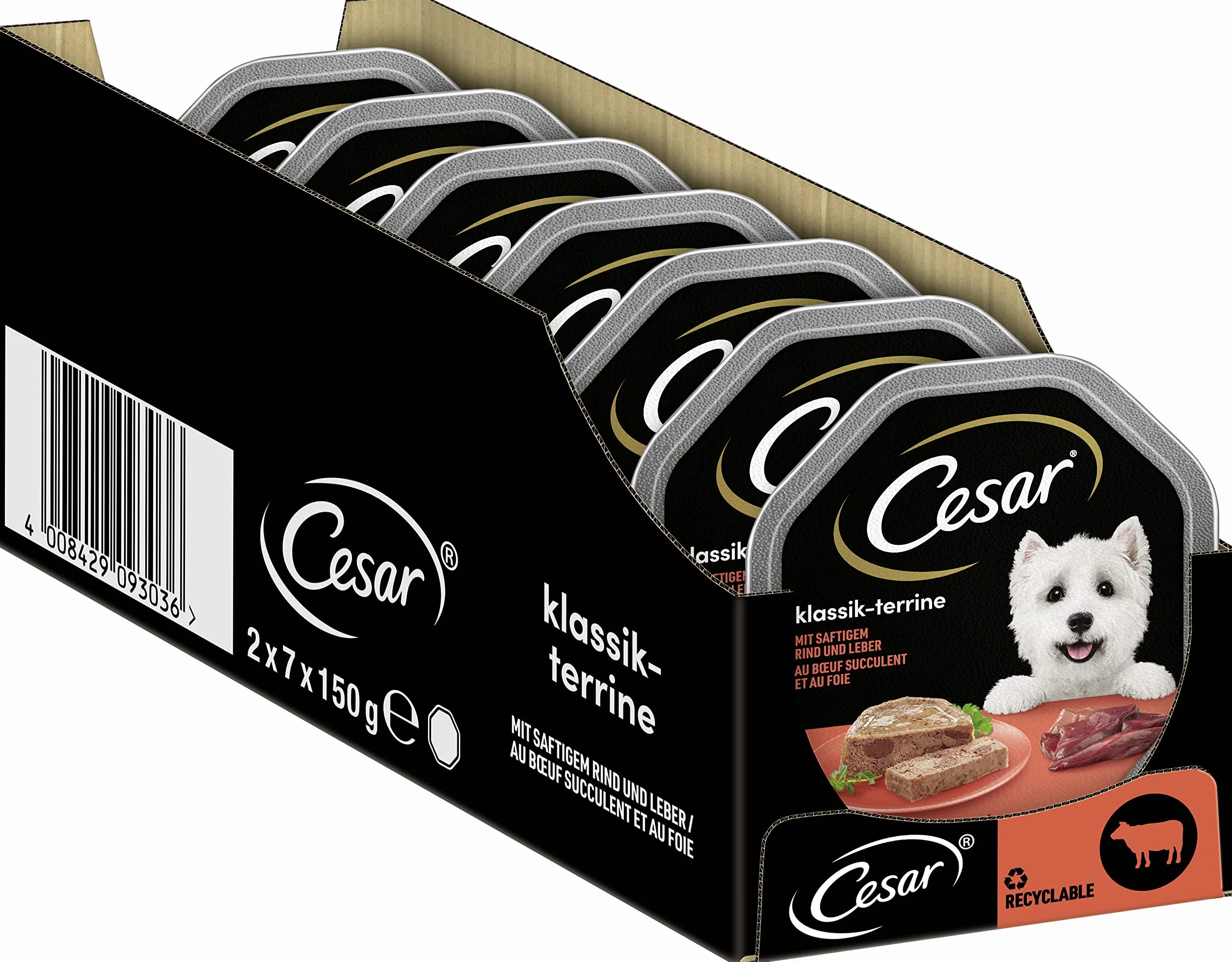 Cesar Adult karma dla psów klasyczna, z soczystą wołowiną i wątrobą, 14 misek, 14 x 150 g – karma dla psów premium, mokra, bez dodatku cukru, sztuczne aromaty lub barwniki