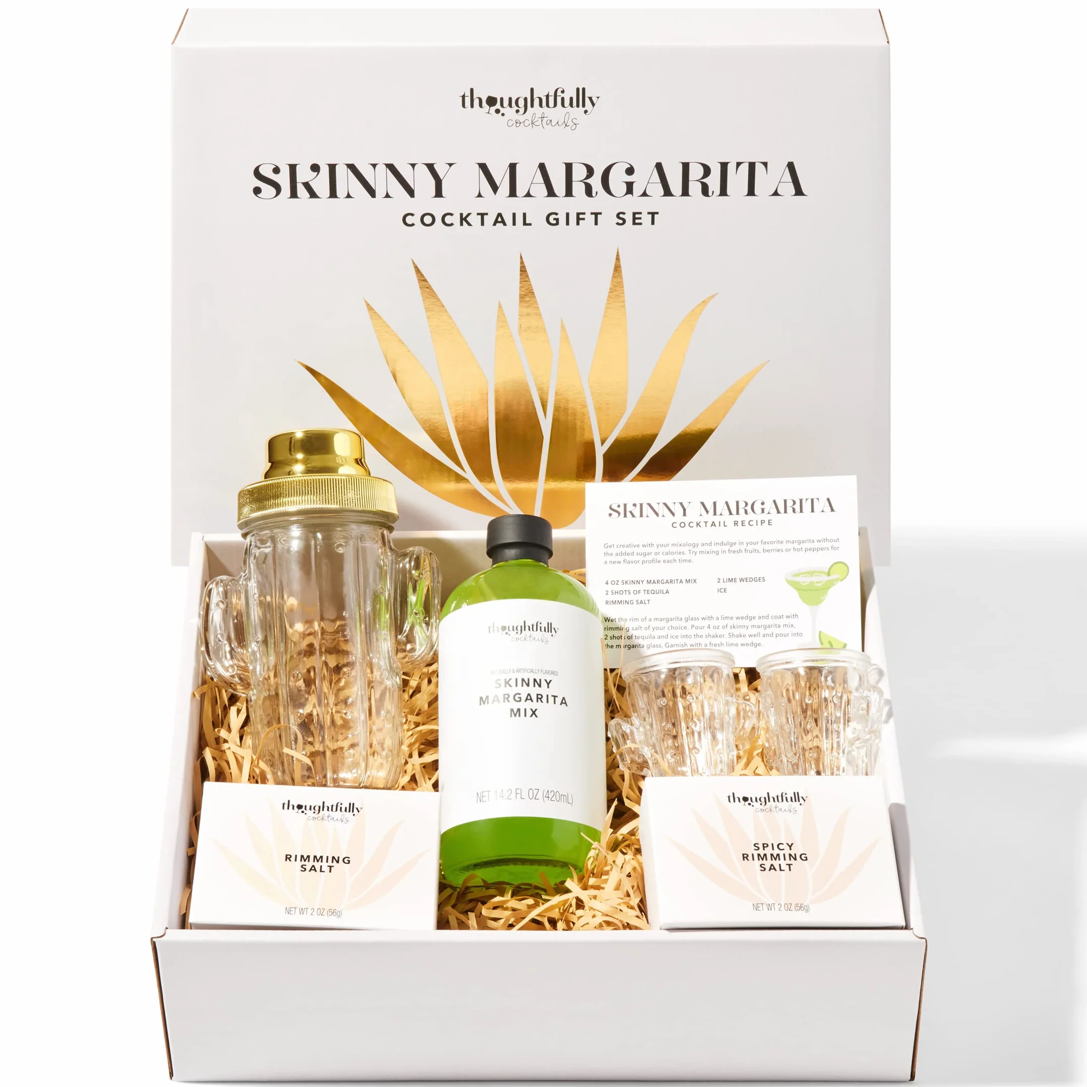 Thoughtfully Skinny Margarita Cocktail Gift Set Zestaw koktajlowy, mieszacz do margarity w zestawie, szklany shaker w kształcie kaktusa, 2 kieliszki w kształcie kaktusa, 2 sole smakowe, bez alkoholu