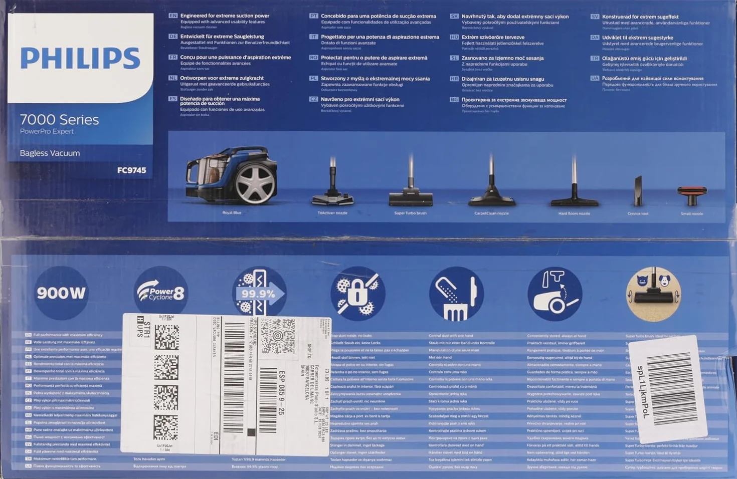 Philips PowerPro Bezworkowy Odkurzacz, Tworzywo Sztuczne, 900 W, 2 L, Blokada Antyalergiczna, Technologia PowerCyclone 8, Szczotka SuperTurbo, Kontrola Mocy, Niebieski/Czarny (FC9745/09)