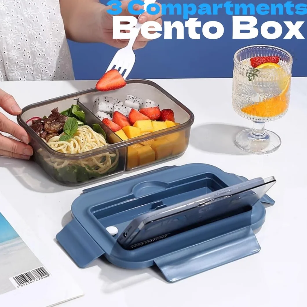 ZDL Bento Box na lunch, pudełko bento z 3 przegródkami, odporne na wycieki dla dzieci i dorosłych, pudełko ze sztućcami