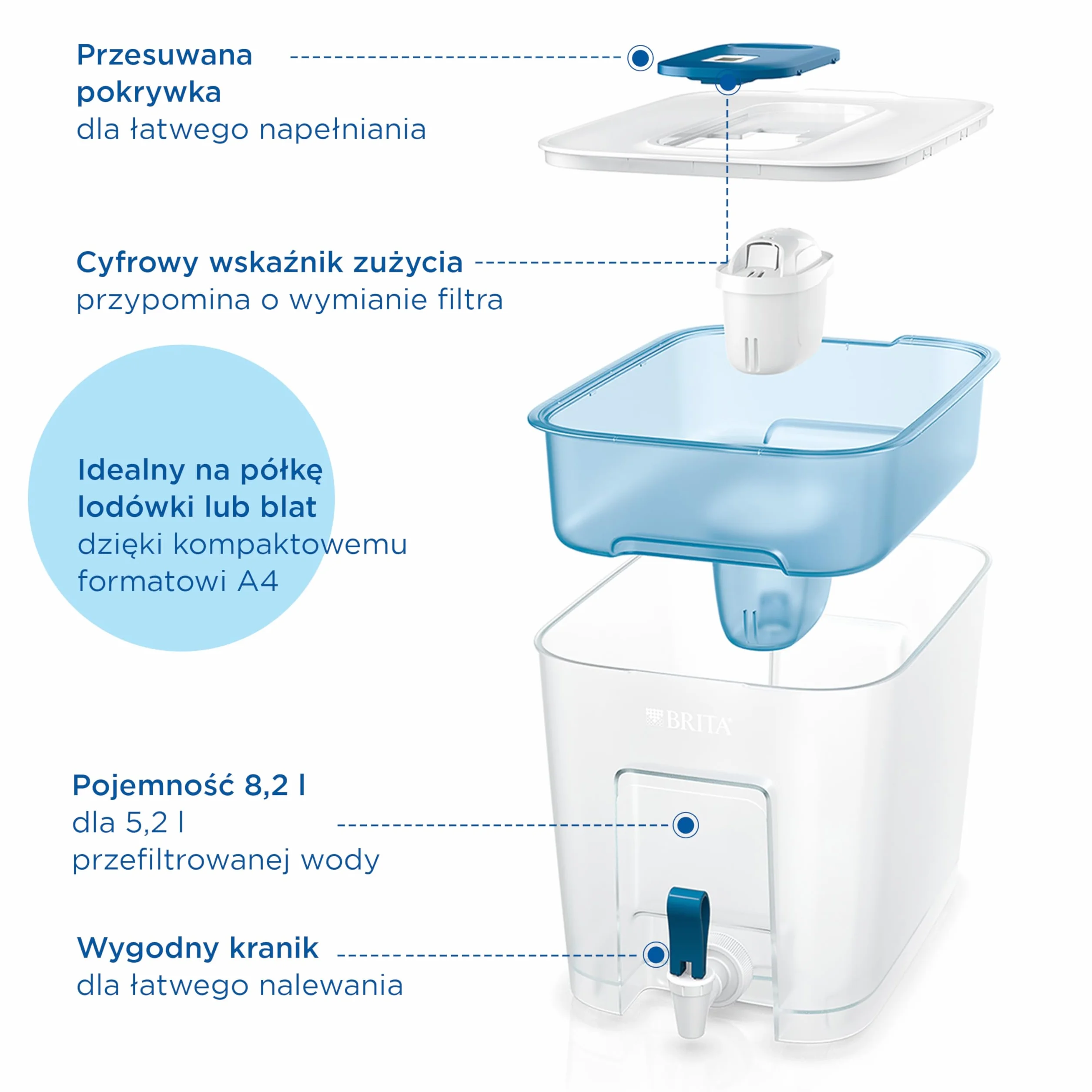 BRITA Dystrybutor filtrujący wodę Flow (8,5 l) z 1 filtrem BRITA MAXTRA PRO Pure Performance redukującym chlor, kamień, PFAS i metale – pojemność XXL