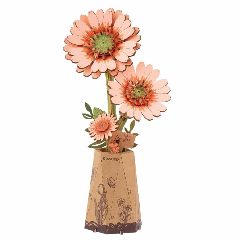 rowood Sztuczne kwiaty, gerbera, stokrotka, puzzle 3D, DIY, drewniany kwiat, zestawy modelarskie do montażu, zestaw rzemieślniczy dla dorosłych, dzieci, dekoracja domu i walentynkowa zabawka, zestaw