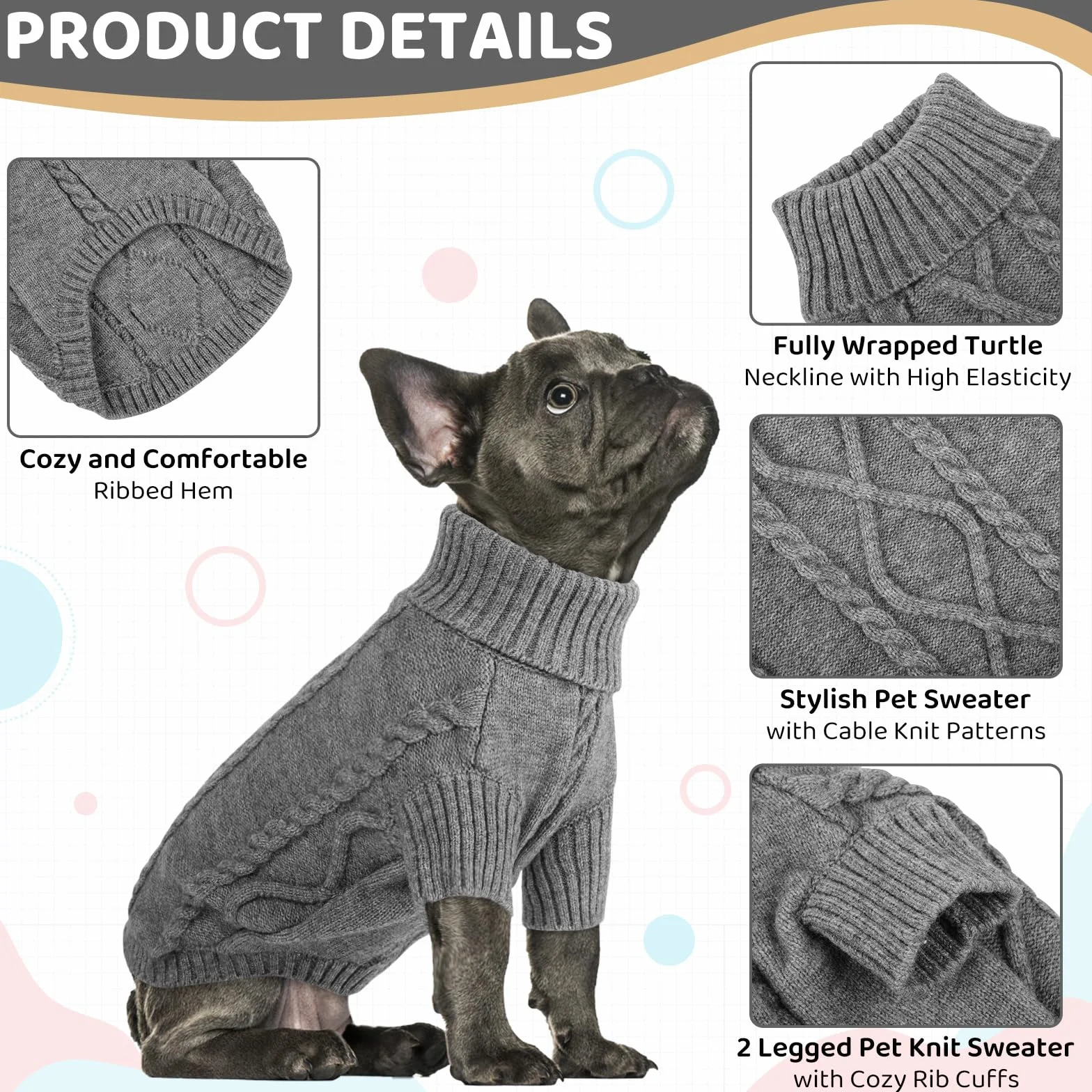 Queenmore Dzianinowy Sweter Golf dla Psa Średni Rozmiar Jamnik Chihuahua Yorkie, Ciemnoszary, M