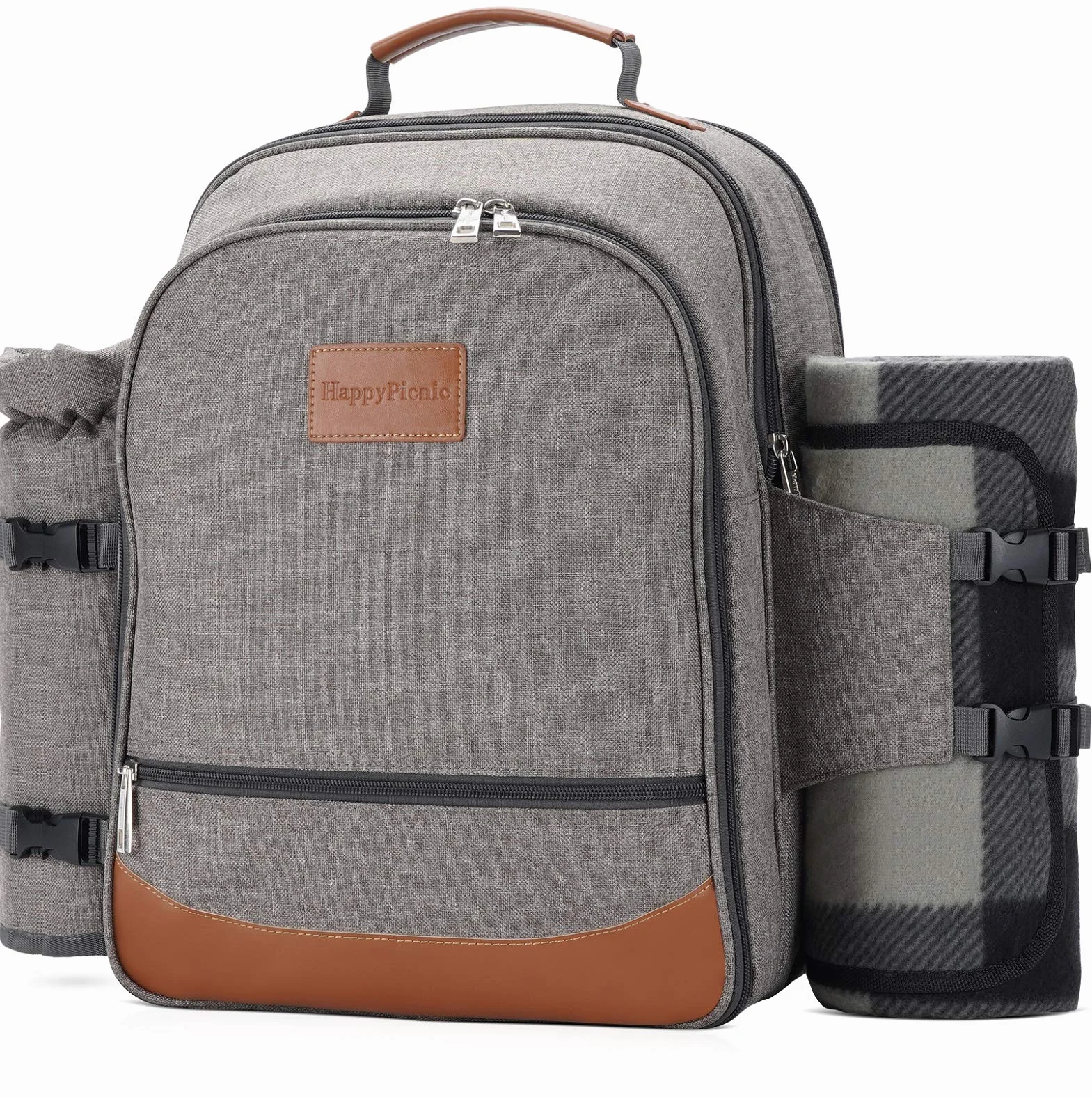 HappyPicnic Isolierter Picknickrucksack für 4 Personen mit komplettem Geschirr, geräumigem Kühlfach, Flaschenhaltern und großem wasserdichtem Picknick-Teppich