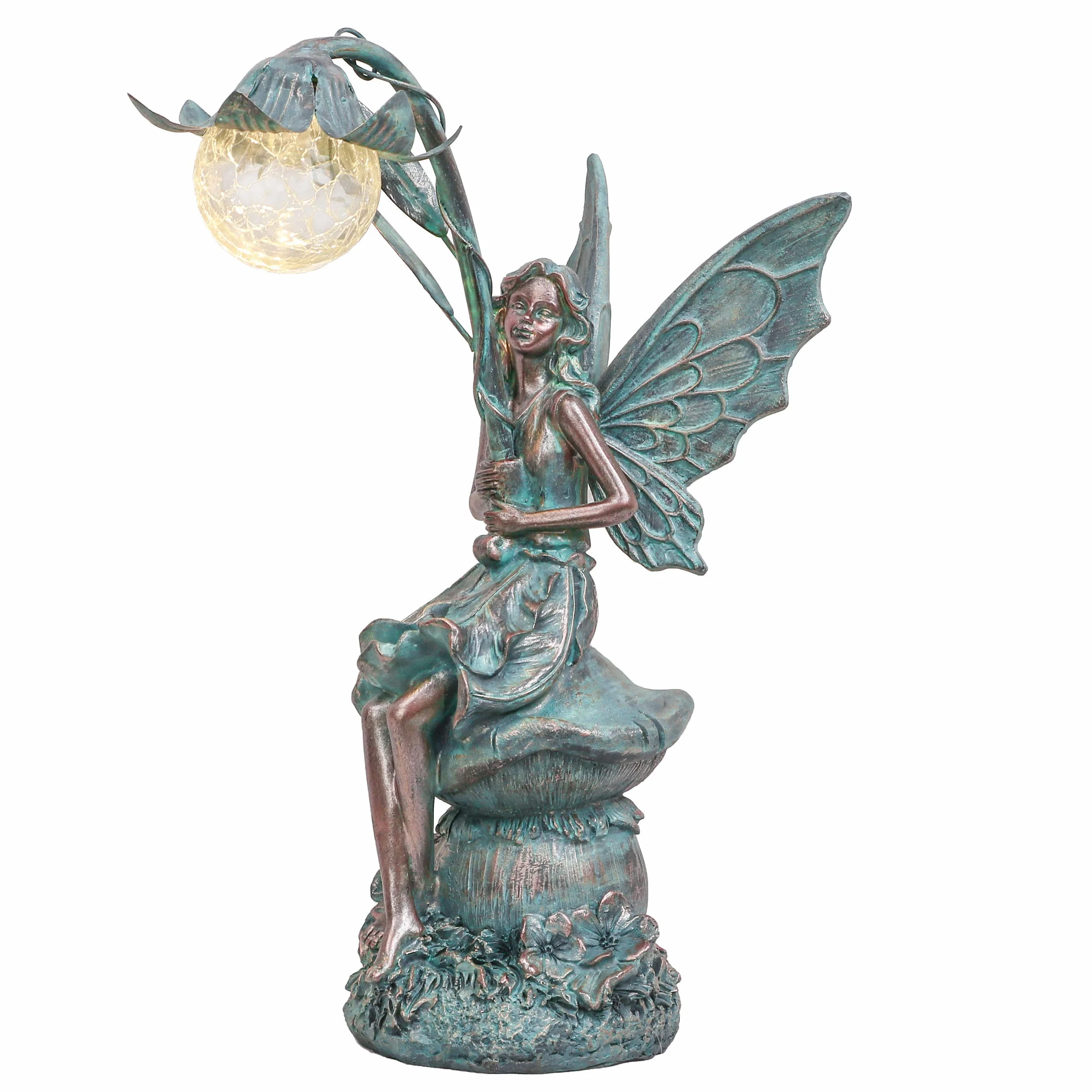 TERESA’S COLLECTIONS Figurki Ogrodowe Siedzące Elfy Kule ze Szkła Słonecznego 35cm Oświetlenie Polystone Brązowy Posąg anioła Figurki do Ogrodu Słonecznego Fairy Statue Dekoracje Ogrodowe