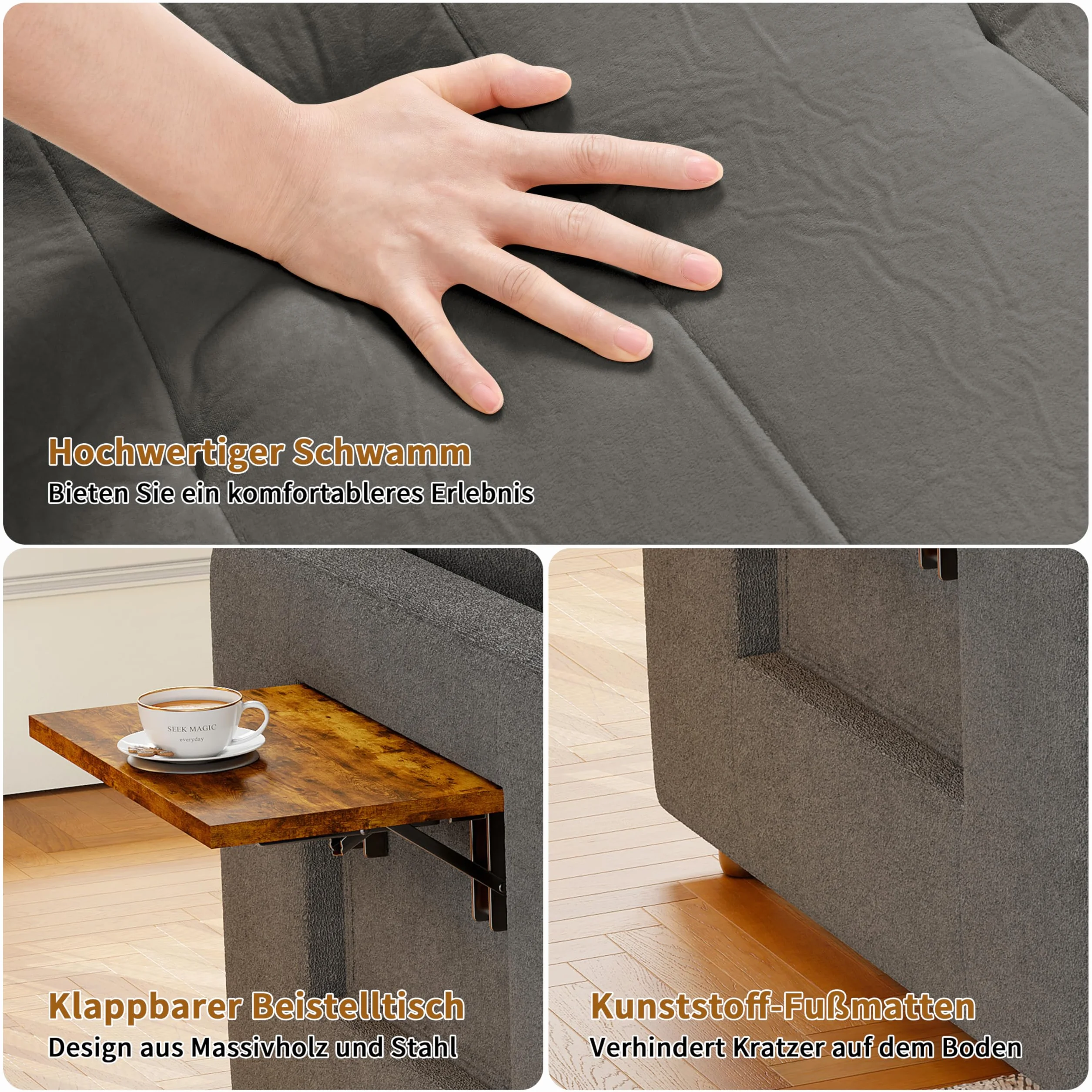 Mała sofa z funkcją spania 3 w 1, rozkładane łóżko 190 cm z kieszenią boczną, fotel do spania, fotel relaksacyjny, rozkładana sofa, taboret do spania z funkcją łóżka do 200 kg, szary materiał