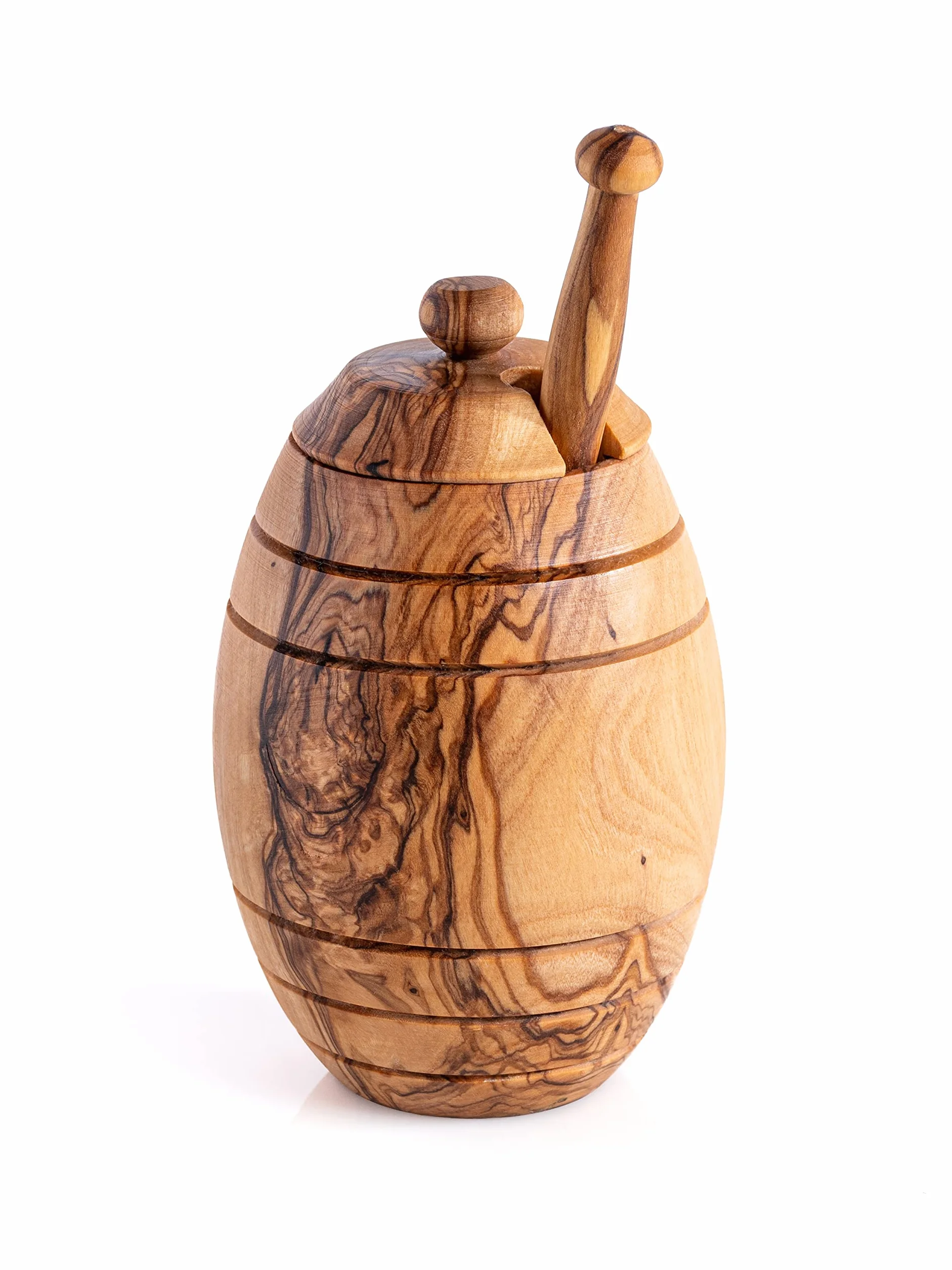 Garnek na miód z naturalnego drewna oliwkowego z łyżeczką – ręcznie wykonany – 12 x 8 cm – pojemnik na miód z drewna z pokrywką i łyżeczką do miodu – 12 x 8 cm, z łyżeczką do miodu, z drewna