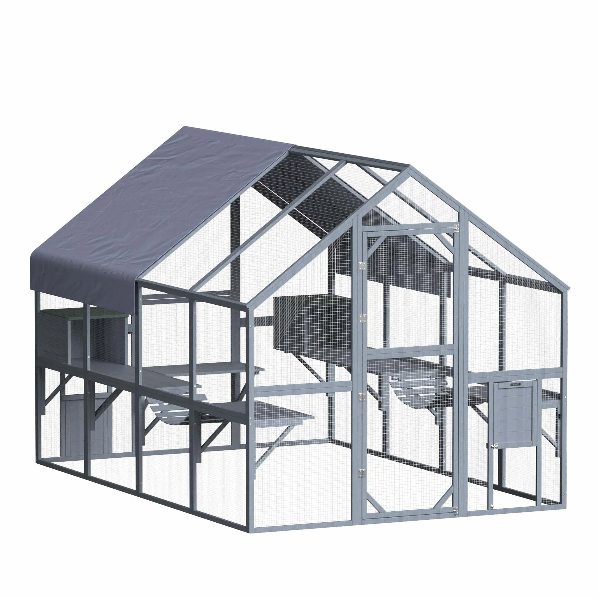 Wiltec Woliera dla kota 280x187x187 cm z dachem dwuspadowym, poziomami i budką