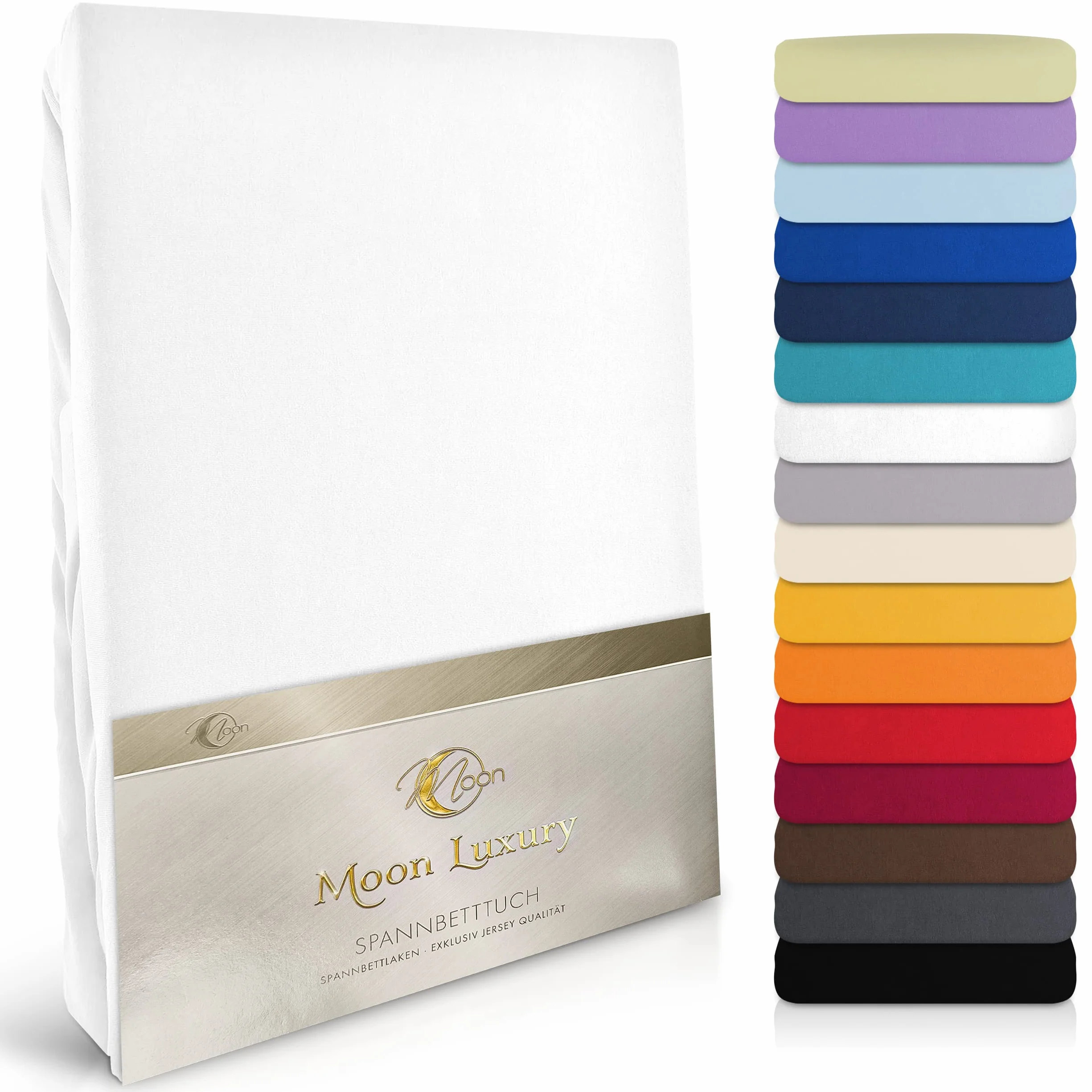 MOON -Luxury Prześcieradło z gumką, dżersej, 230 g/m², do łóżek wodnych, łóżek kontynentalnych i tradycyjnych materacy (białe, 200 x 220 – 220 x 240 cm)