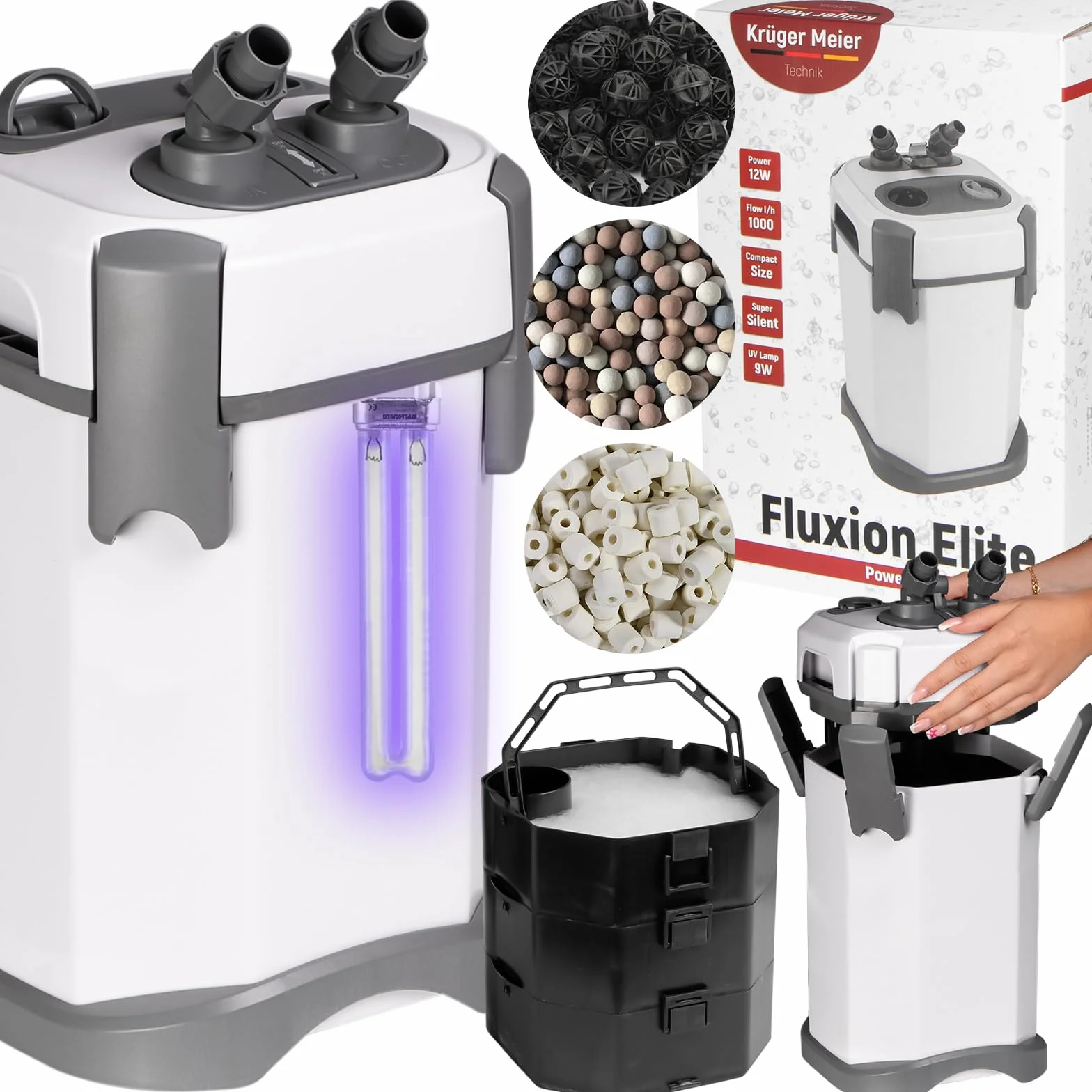Kruger Meier Fluxion Elite 1200 UVC PRO Filtr Zewnętrzny z Lampą UV do Akwarium 100-250 L