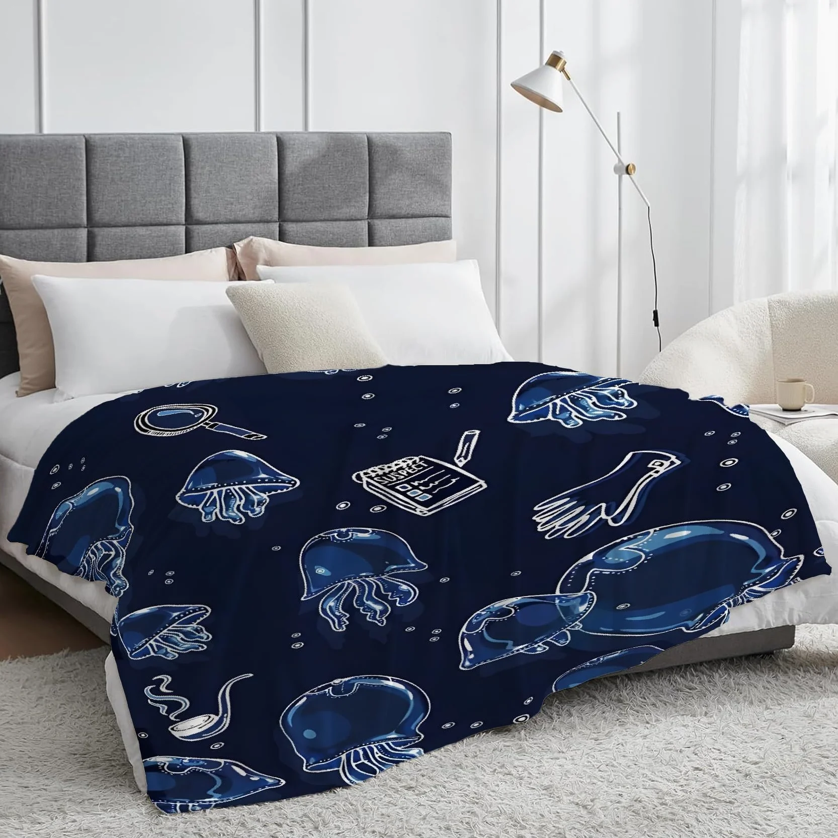 Qualle Przytulny koc, w stylu detektywistycznym, koc polarowy z mikrofibry, przytulny, nadaje się do salonu i sypialni, dekoracja domu, 220 x 240 cm