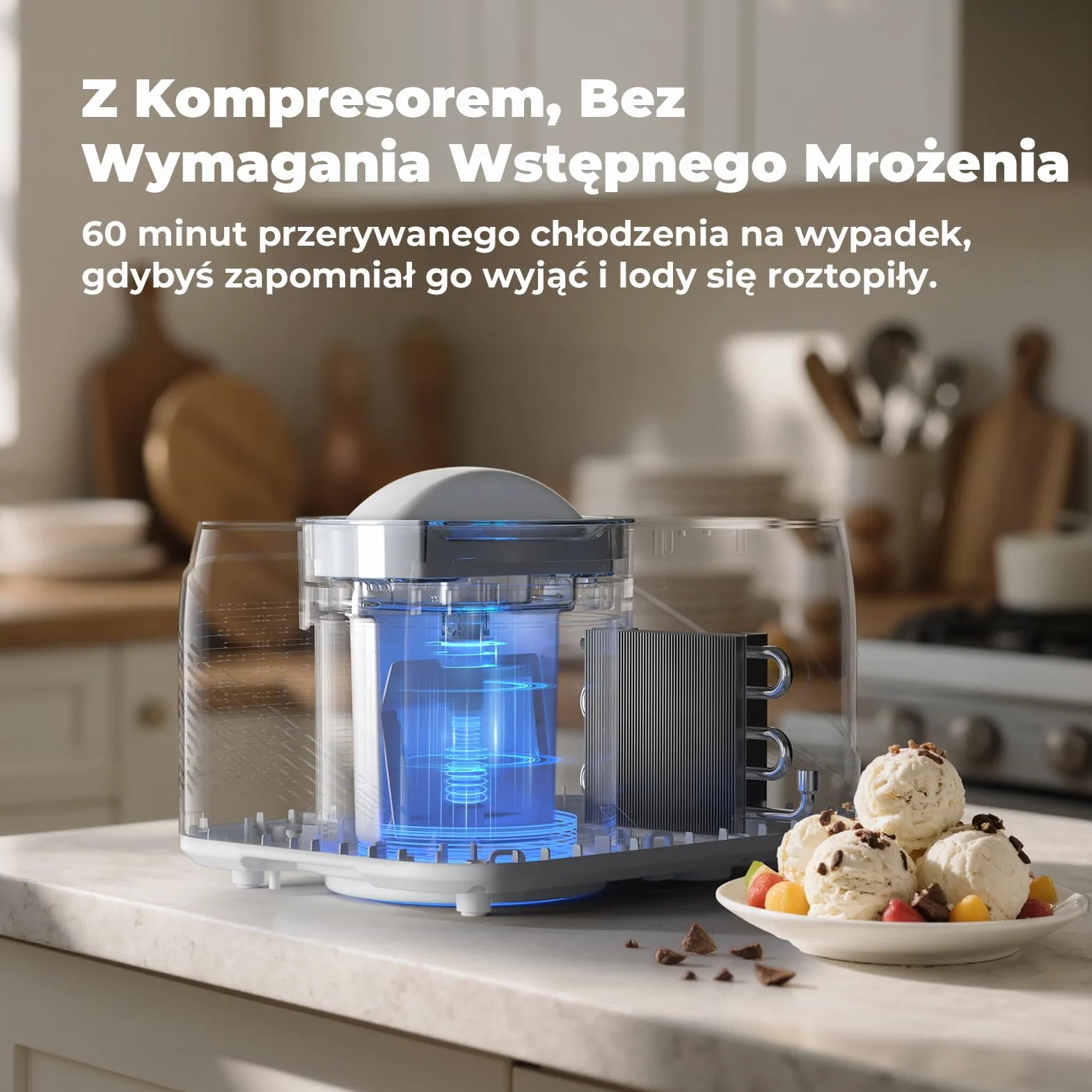 maszynka do lodów z kompresorem 1L, maszynka do lodów z samochłodzącym kompresorem z wyjmowanym pojemnikiem na lód, w zestawie łyżka/kubek z miarką z skalą