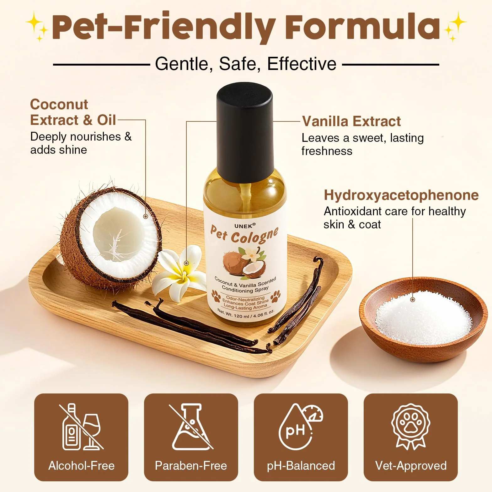 Perfumy dla psów w sprayu – zapach kokosowy i waniliowy, dezodorant 2 w 1 i spray pielęgnacyjny z lekkim efektem odfilcowania dla psów i kotów, długotrwały zapach świeżości, nieklejący się – 120 ml