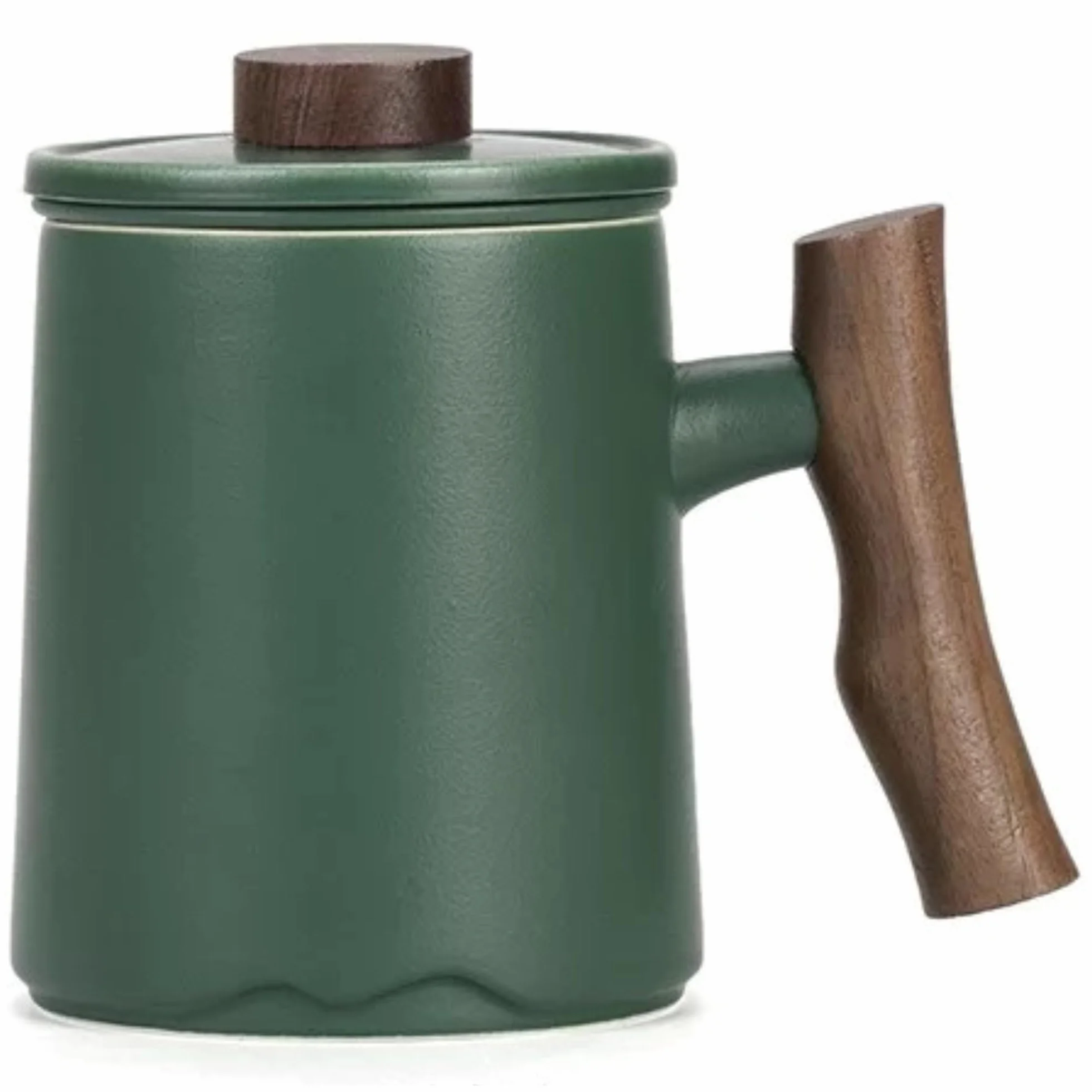 JanYoo Filiżanka do herbaty z pokrywką i sitkiem, 360 ml, uchwyt palisandru, ceramiczny kubek do herbaty, matowy, kamionkowy, glazurowane, do namaczania, zielona