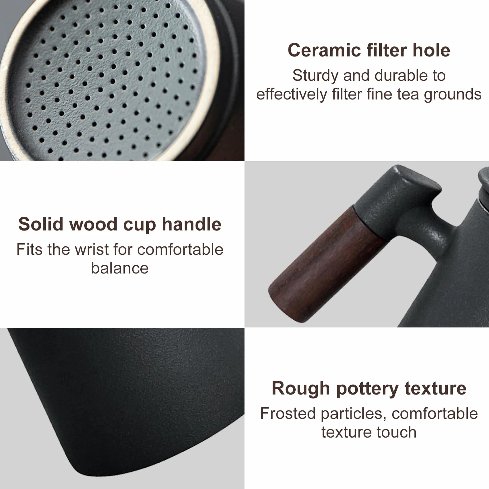 Qivine Ceramiczna filiżanka do herbaty z pokrywką i sitkiem, 400 ml, filiżanka do herbaty z drewnianym uchwytem, japońskie filiżanki do herbaty sypkiej, prezent dla miłośników herbaty (czarny)
