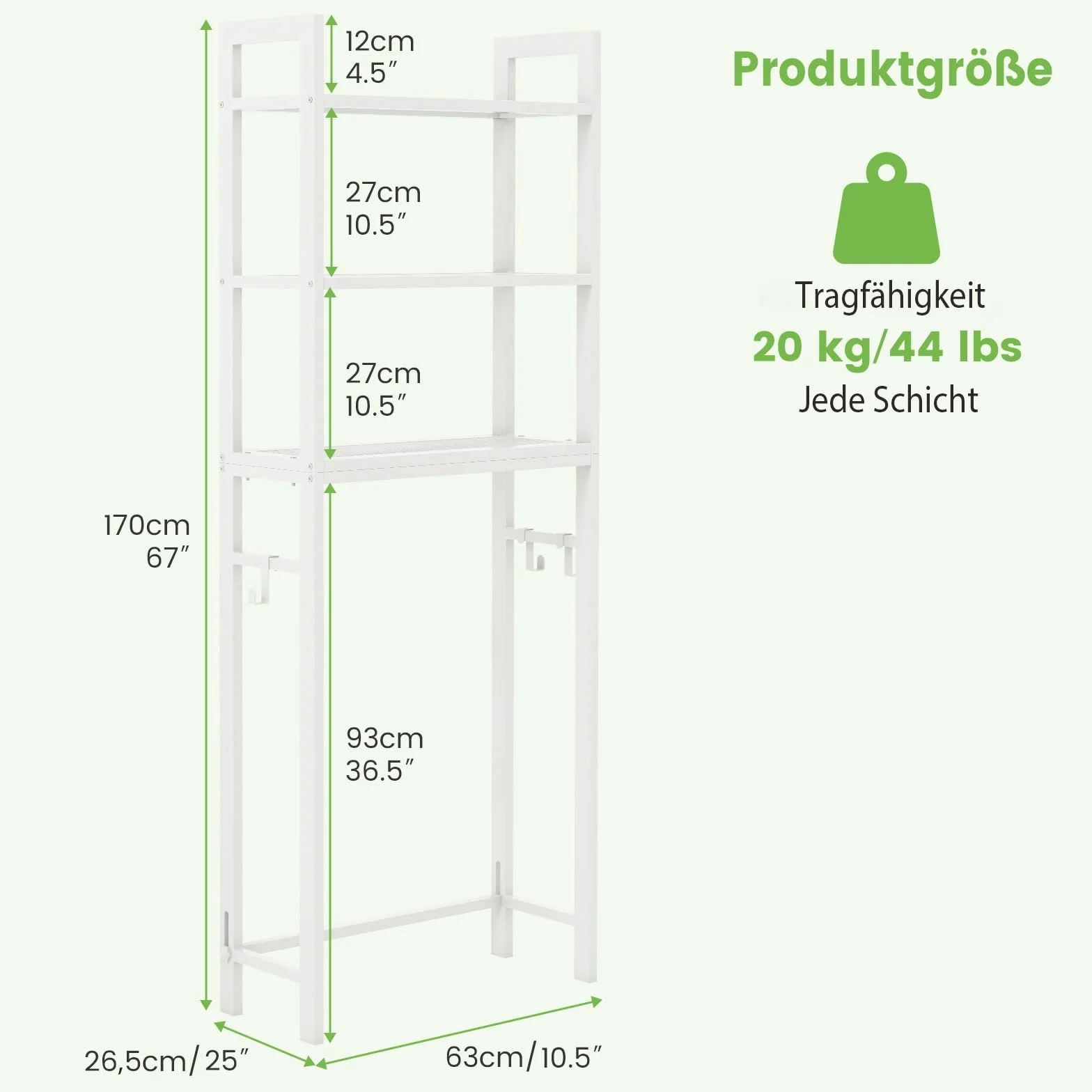 COSTWAY Regał toaletowy 170 cm, regał do WC z 3 półkami, metalowy regał do pralki, w zestawie 3 haczyki, z drążkiem poprzecznym z regulacją wysokości (biały)