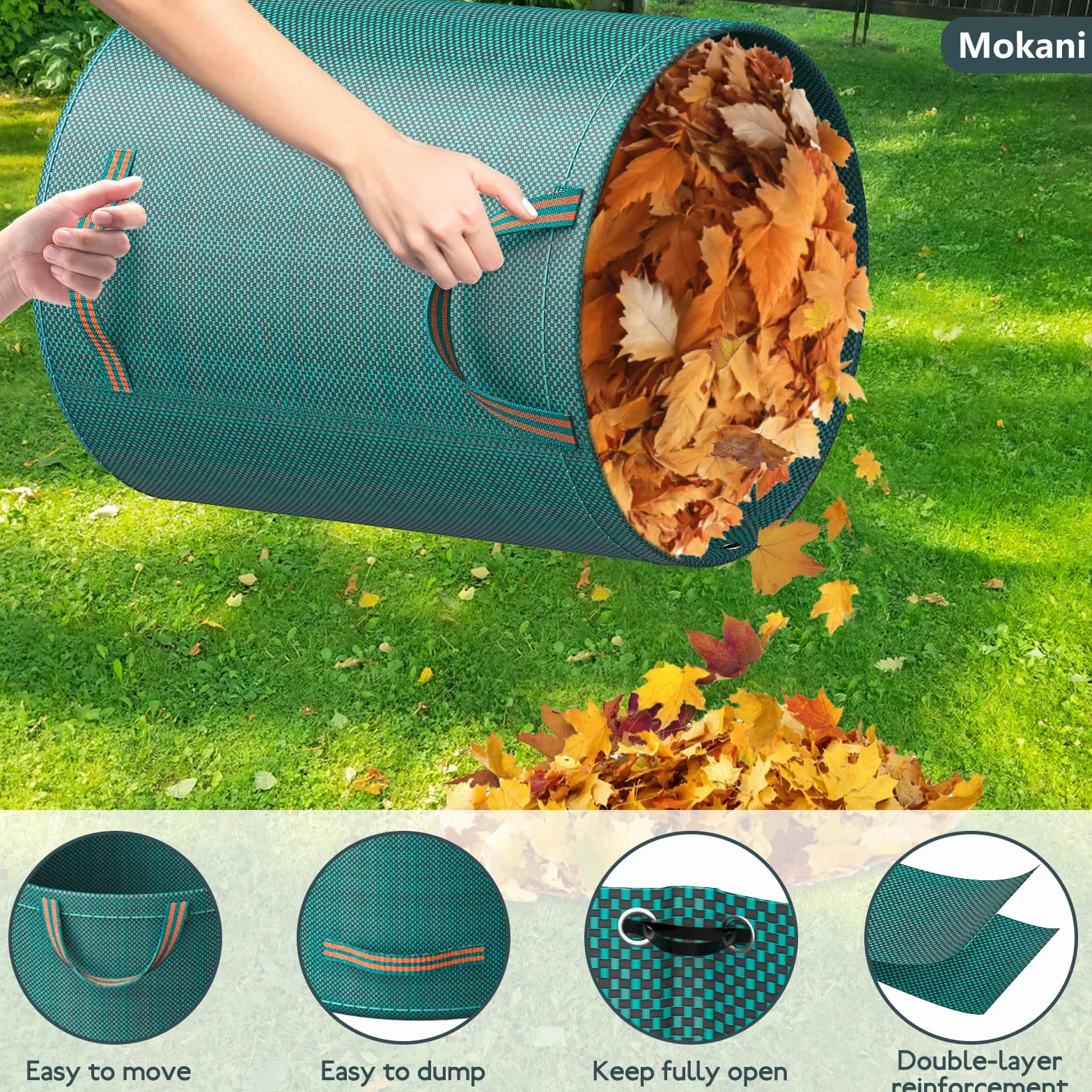 Mokani Worki na odpady ogrodowe, wytrzymałe, z uchwytami, 120 l x 3 worki ogrodowe wielokrotnego użytku, składane, kempingowe, do recyklingu, na liście, śmieci, gruz, ogrodowe worki na śmieci