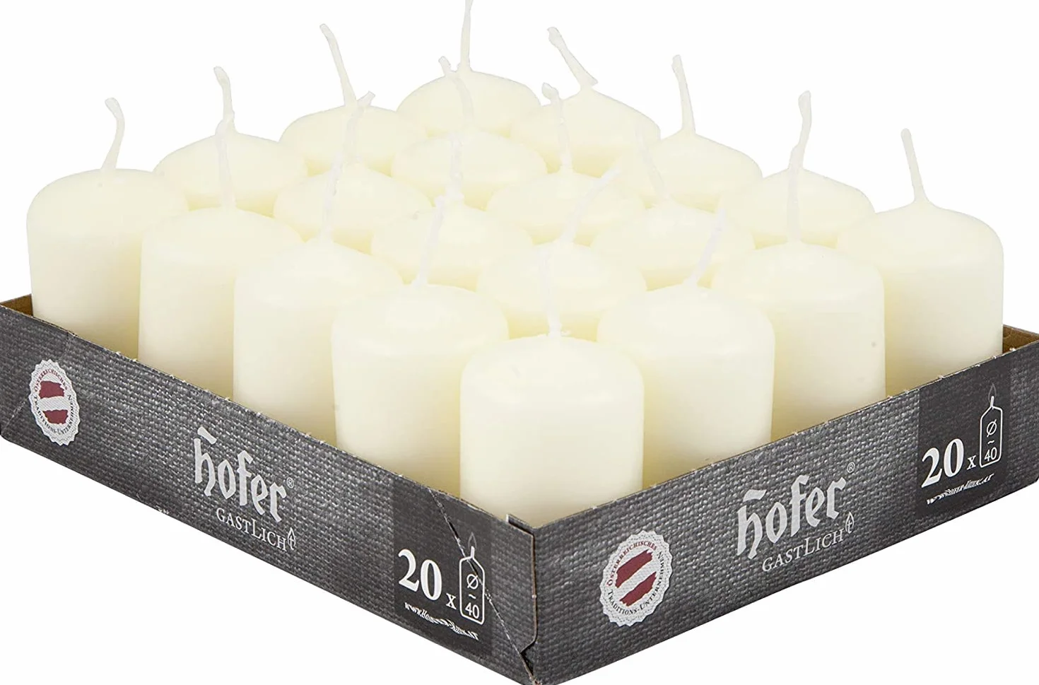 Hofer Świece filarowe w kolorze kości słoniowej, zestaw 20 dekoracyjnych małych świec, 4 x 7 cm, palenie przez 11 godzin, bezzapachowe, bez kapania, bezdymne, jakość RAL
