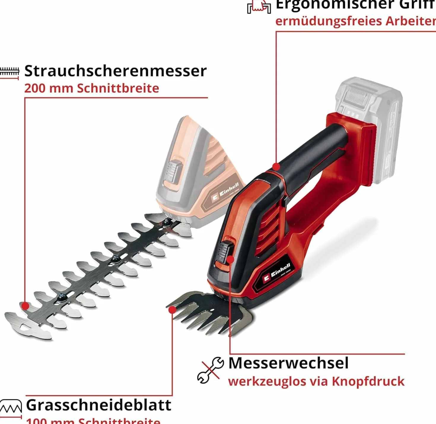 Einhell Ge-Cg 18/100 Li-Solo Nożyce do Żywopłotu, Czarny/Czerwony, 20 cm
