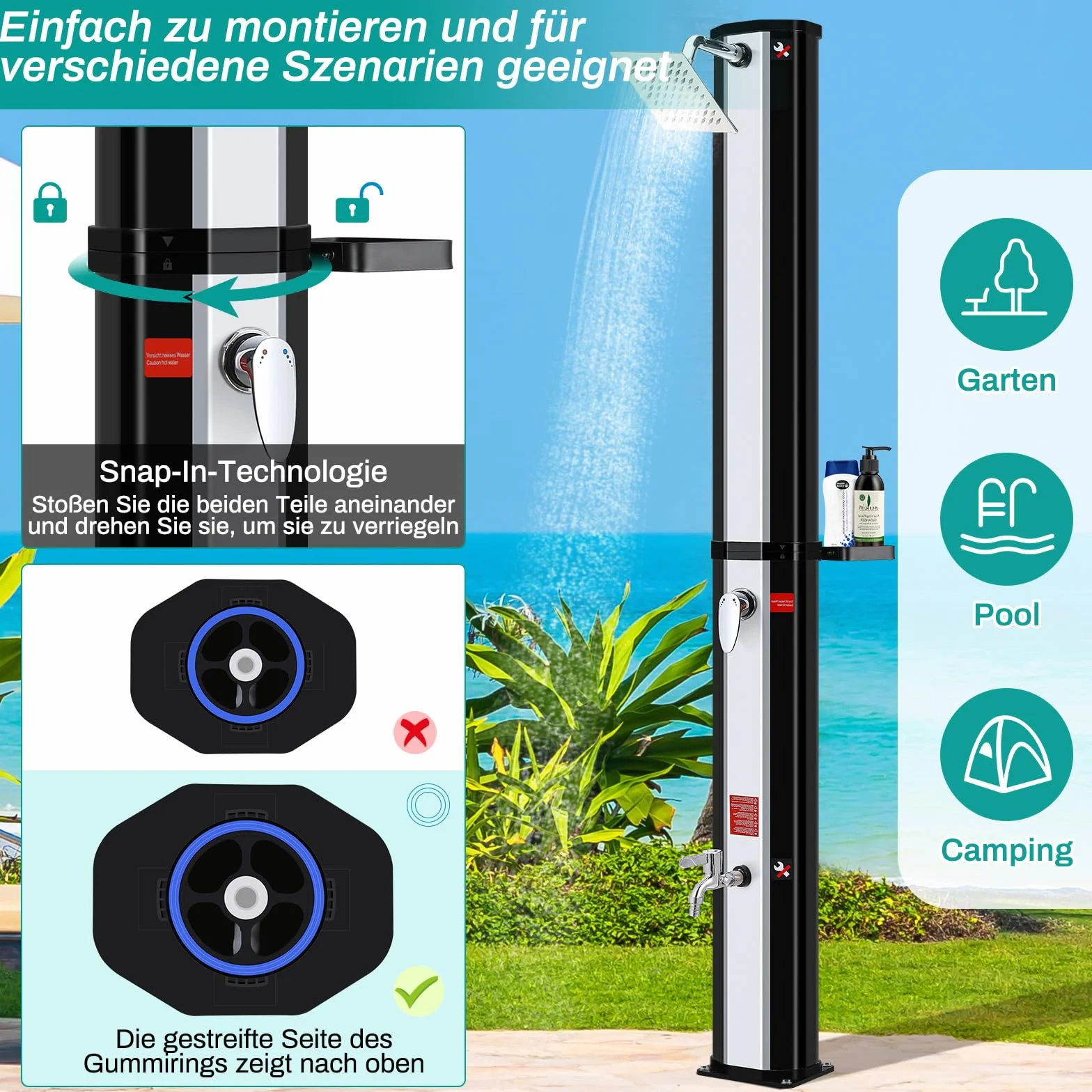Prysznic solarny 40 l, prysznic ogrodowy, ciepła woda do 60°C, z deszczownicą, kranem, skrzynką na mydło i pokrowcem ochronnym, prysznic basenowy, na kemping, do ogrodu, na balkon i basen, bez