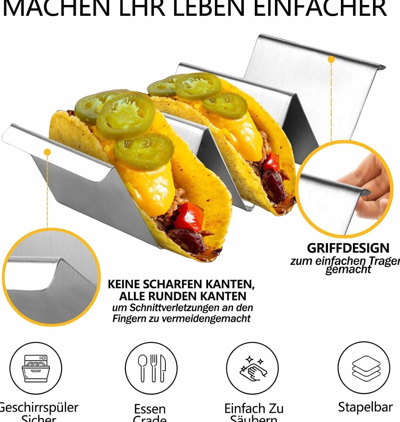 4 sztuki stojaków taco, meksykańskie stojaki do taco, ze stali nierdzewnej, falisty, wielokrotnego użytku, do kanapek, restauracji, domu, pikników