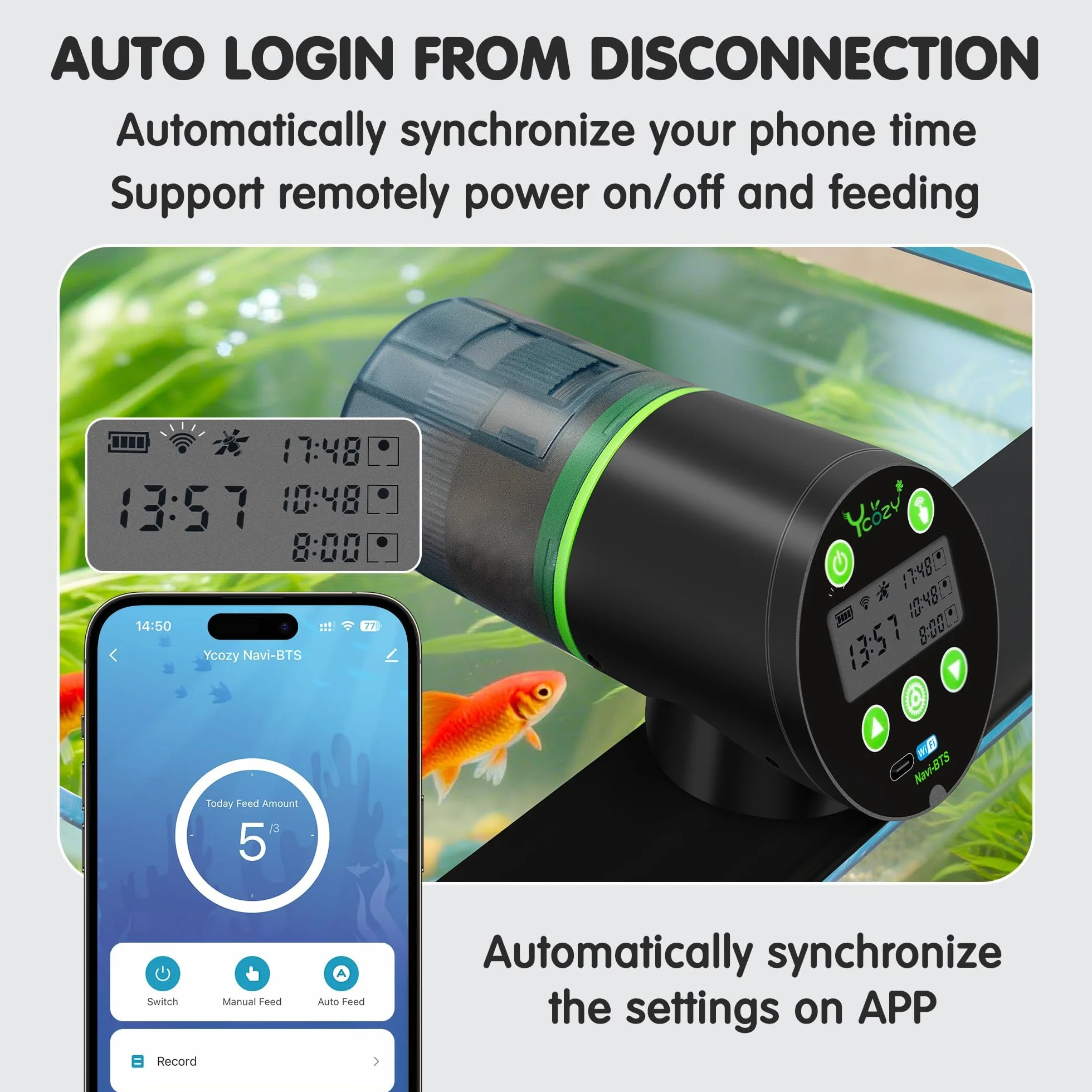Ycozy Nawigator BTS automatyczny karmnik dla ryb z wyświetlaczem LCD, sterowany timer, ładowanie USB