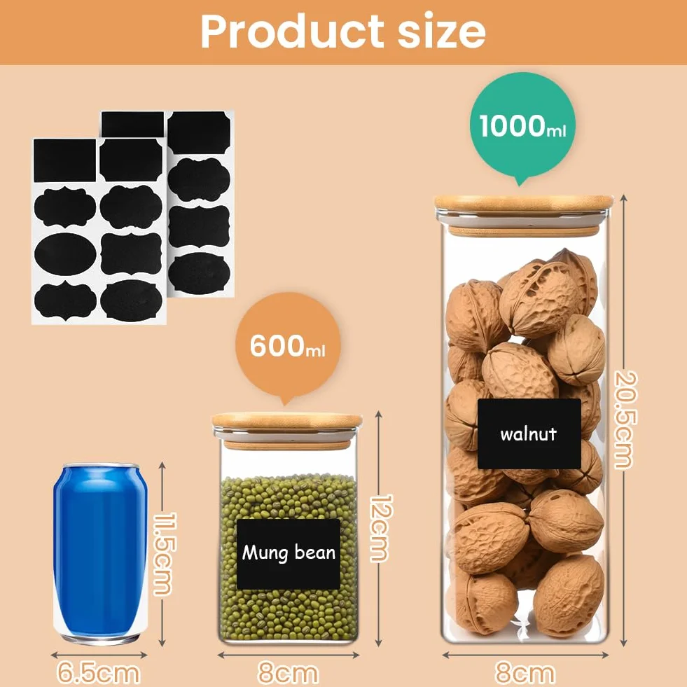 Przezroczysty,6 szt 1000 ml/600ml hermetyczny pojemnik do przechowywania żywności,pojemników do przechowywania spiżarni kuchennej z bambusowymi pokrywkami z naklejką,kwadratowe szklane słoiki na