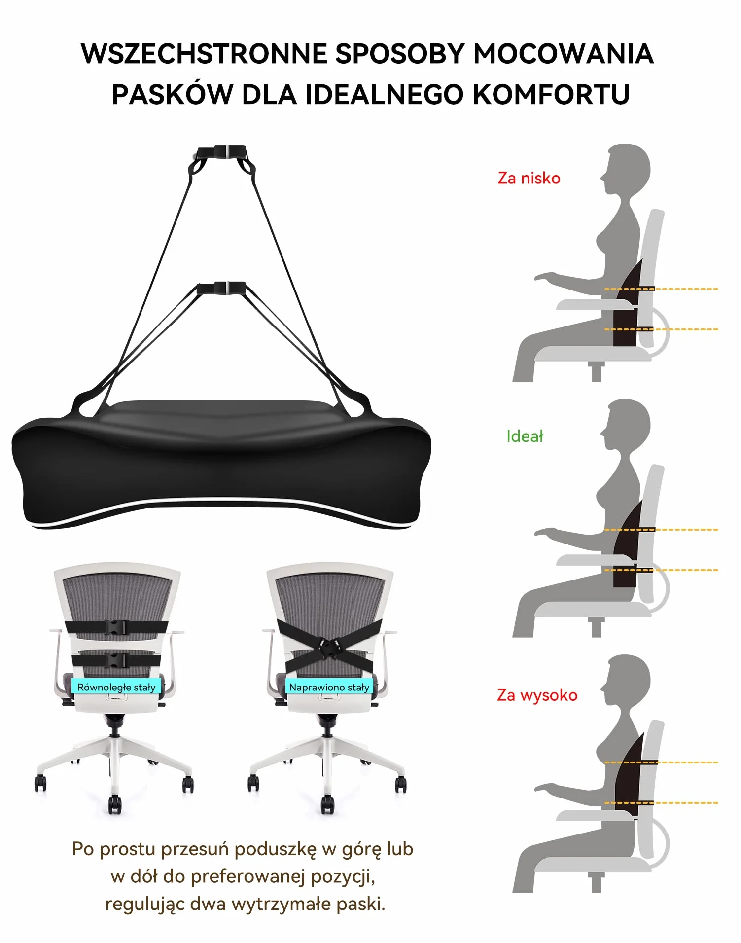 TRAVEL EASE Ergonomiczna Poduszka Lędźwiowa, Podparcie Pleców z Pianki Zapamiętującej Kształt do Fotela Samochodowego Krzesło Biurowe, Oparcie z Antystatyczną Osłoną i Regulowanymi Paskami, Czarny