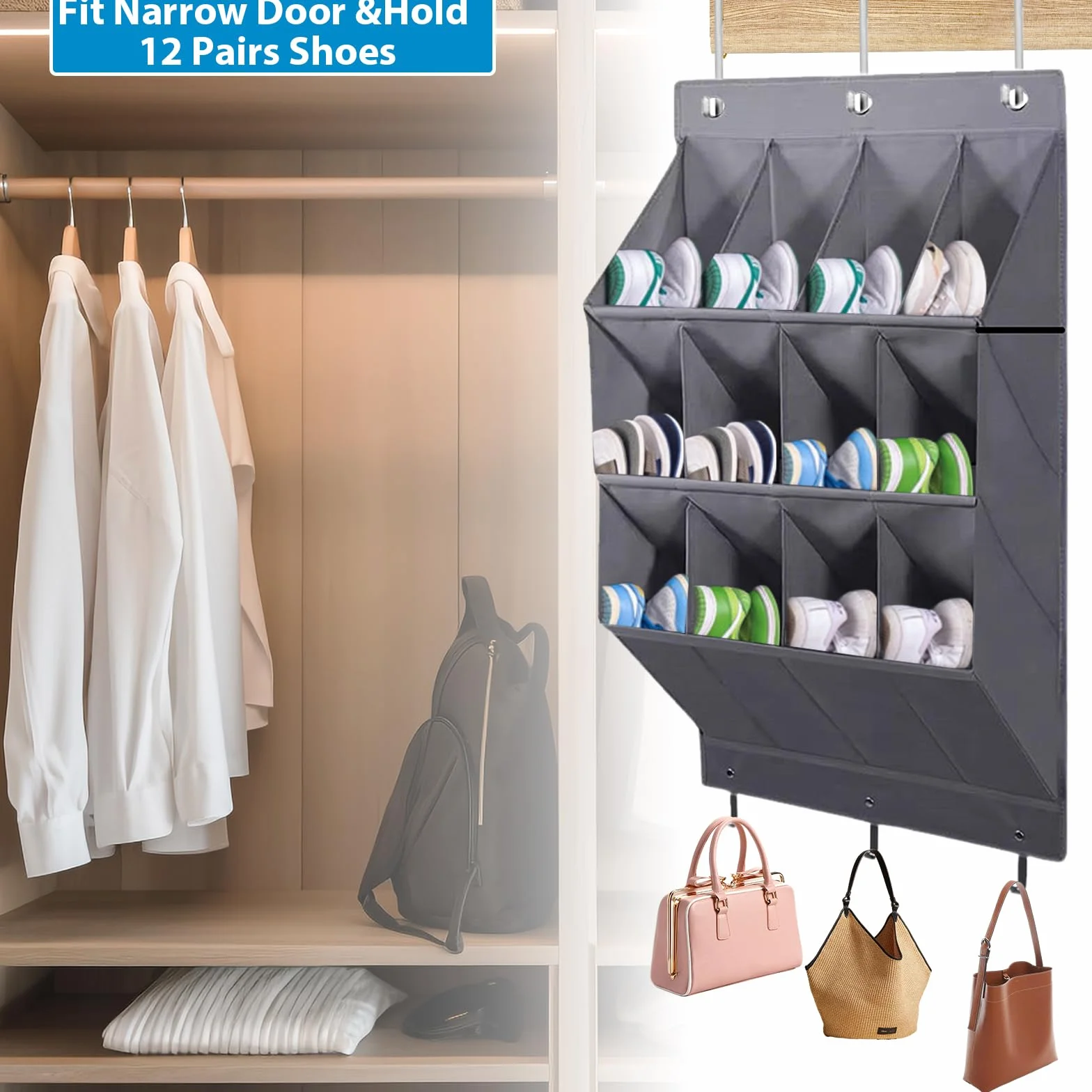 Organizer na buty do zawieszenia nad drzwiami, wiszący schowek na buty z 12 dużymi kieszeniami, wąski nad drzwiami, do przechowywania butów z 3 haczykami, regał na buty do szafy, sypialni,