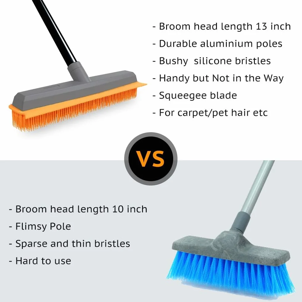 TreeLen Guma Broom Carpet Rake Pet Hair Remover Broom with Squeegee Extension Push Broom for Carpet Hardwood Floor Tile Windows