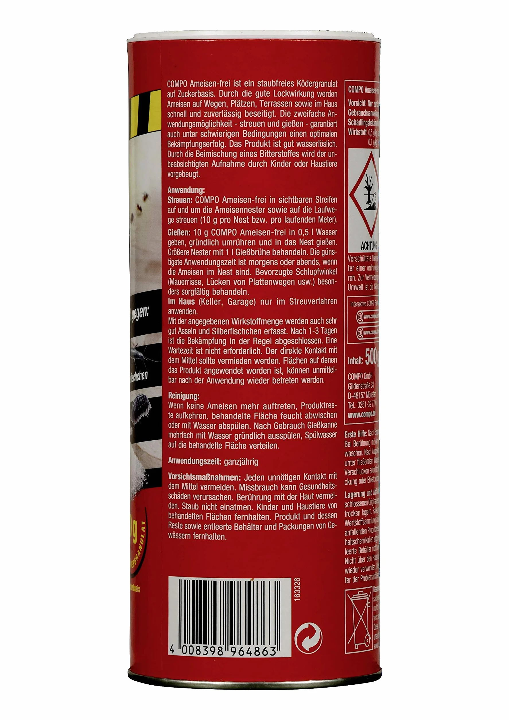 Compo Ant-Free Ant Killer, Granulat przynęty dla mrówek, leśników i rybików cukrowych, 500 g, nieszkodliwy dla pszczół