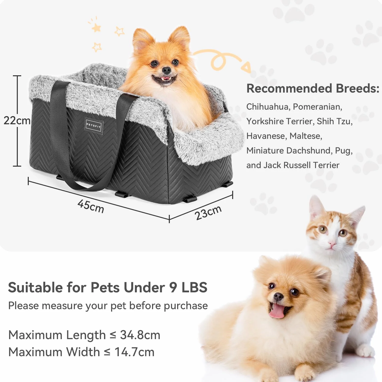 PETSFIT Siedzisko dla psa na konsolę środkową, fotelik samochodowy dla małych psów, z pasami bezpieczeństwa, gruba poduszka