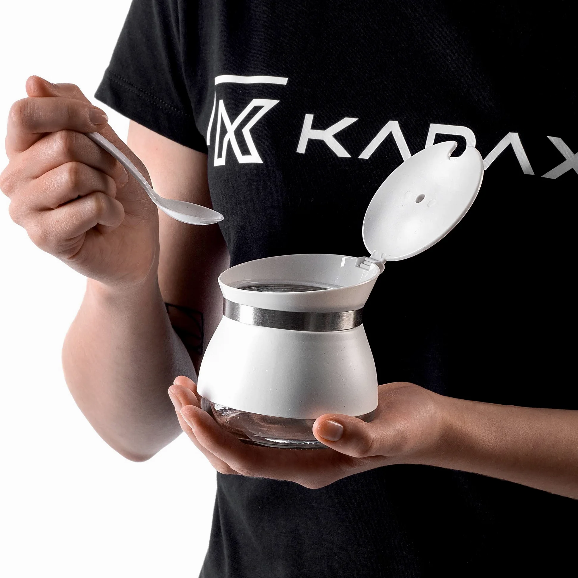 KADAX Cukiernica szklana z łyżeczką i pokrywką, 270 ml, 9x9 cm, kolor biały - elegancki pojemnik na cukier do kuchni i serwowania herbaty, szczelne zamknięcie, łatwe dozowanie